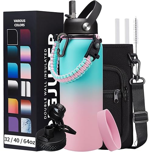 40 oz Insulated Water Bottle - Stainless Steel Water Bottles with Straw & Spout Lids, Paracord Handle, Carrier Bag, Protective Cup Mat, Keep Cold-48H & Hot-12H Metal Water Flask