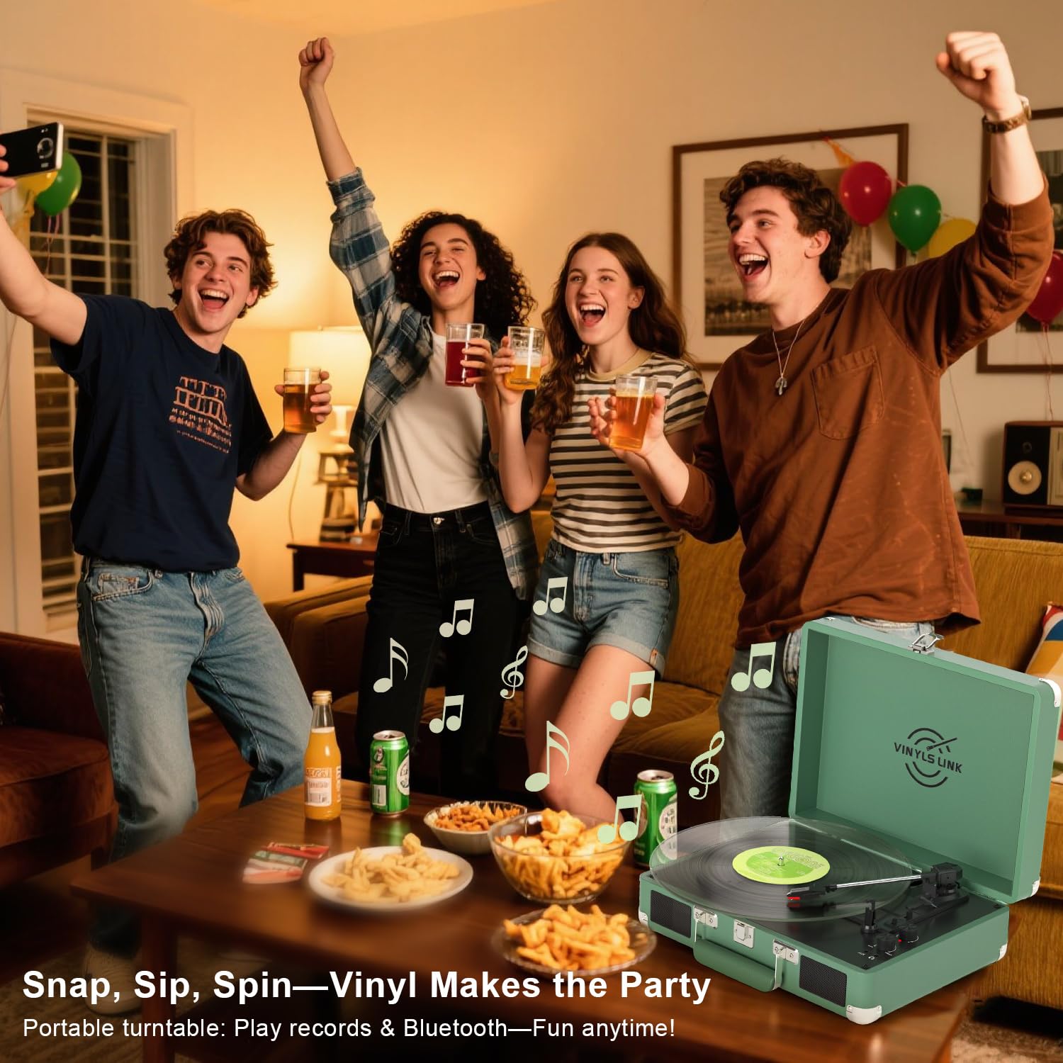 Vinyls Link Plattenspieler mit integrierten Dual-Lautsprechern und Basssteuerung, 3-Gang-Bluetooth, tragbarer Koffer-Plattenspieler, Vintage-LP-Player, unterstützt