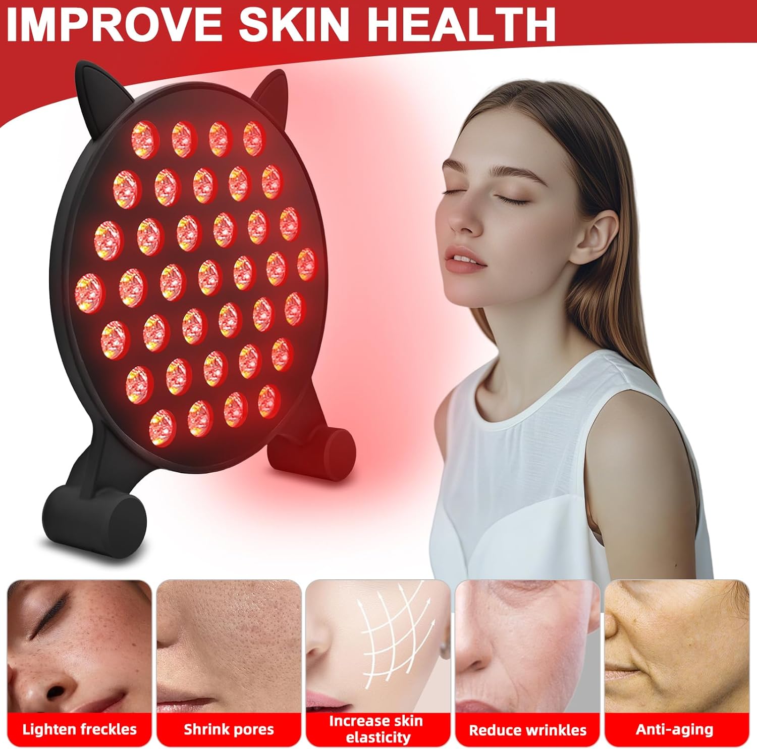 Cat-Face Red Light Therapy Lamp – 460 nm & 850 nm Infrared Panel, 185-LED red-Light Device with 5 Brightness Levels and Adjustable Angle for Easy use at Home or in the Office.