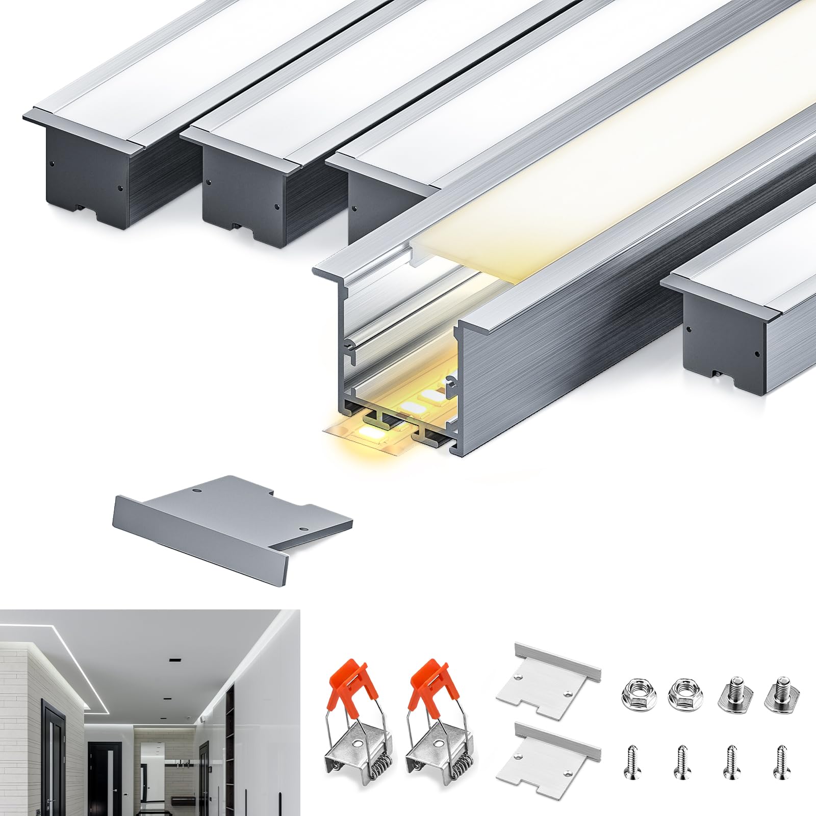 profilo alluminio per strisce led Schermatura Opaca 2m x 5pz (10m), 50mm x 35mm, adatto per strisce luminose di diversi produttori, larghezza massima 25,7mm