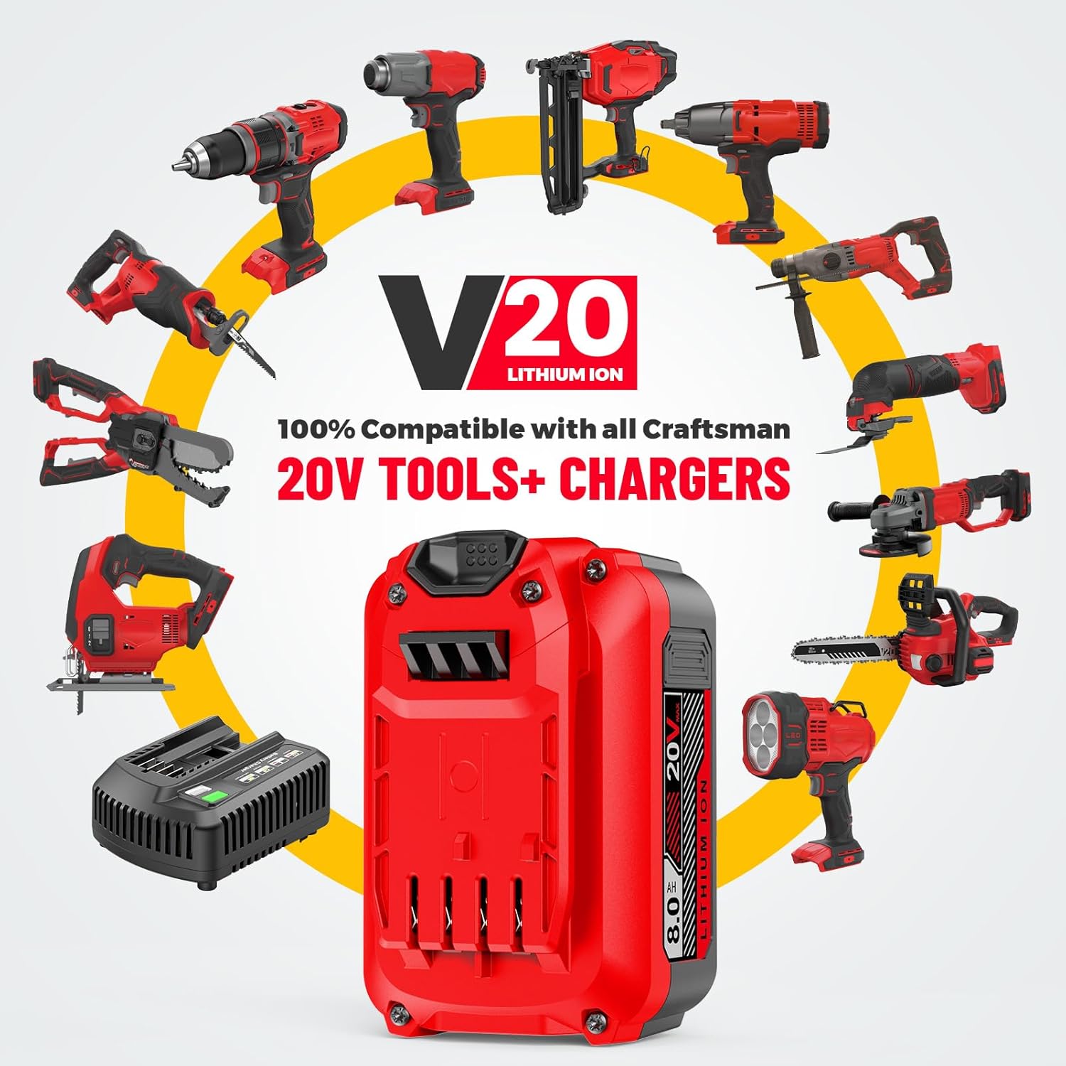 Upgraded 8000mAh High Capacity Compatible for Craftsman 20V V20 Battery (2-Pack) Compatible with CMCB205 CMCB204 CMCB206 CMCB202 CMCB201 20V Cordless Power Tools