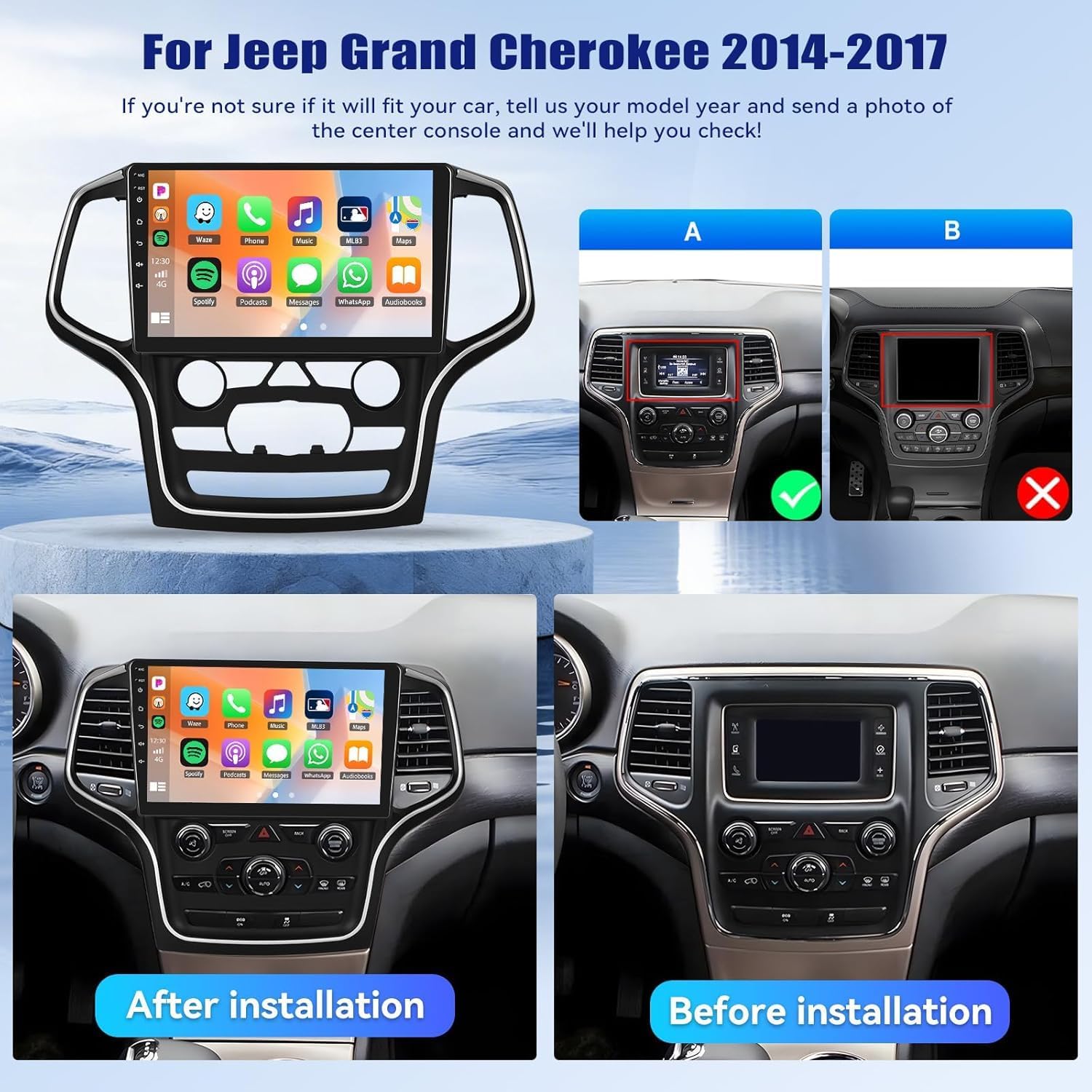 4+64G Android 15 Car Stereo for Jeep Grand Cherokee 2014-2017 Wireless Carplay Android Auto,10" 1280×720P IPS Touchscreen Bluetooth 5.0 Car Radio GPS Navigation FM/RDS AHD Rear Camera SWC WiFi 32EQ