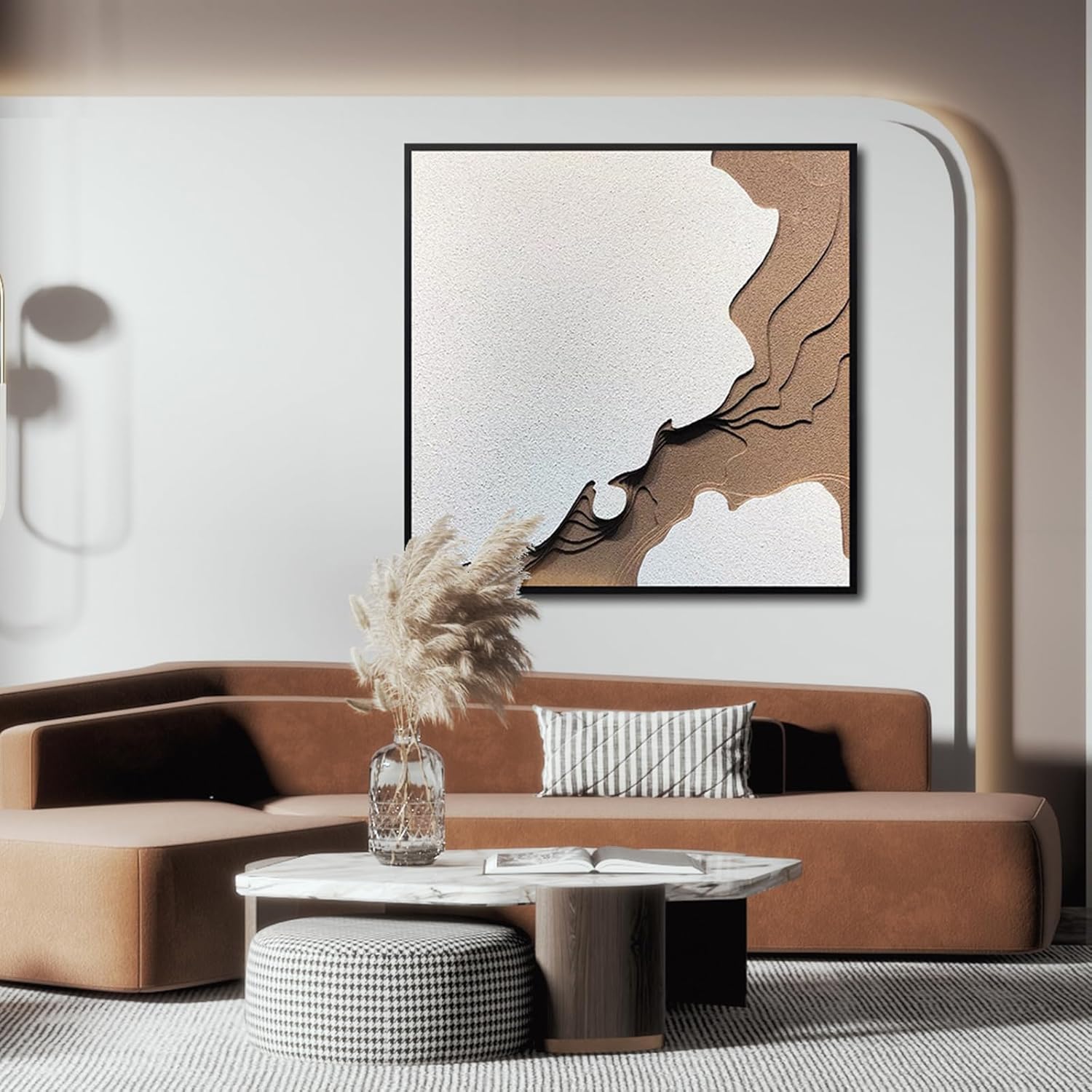 COOLDEI Luxury 3D Textured Abstract Wall Art, Wabi Sabi Style Layered Sandstone Painting, Framed Dimensional Wall Decor for Entryway Dining Room, Contemporary Neutral Tone Artwork Hanging (Red Island)