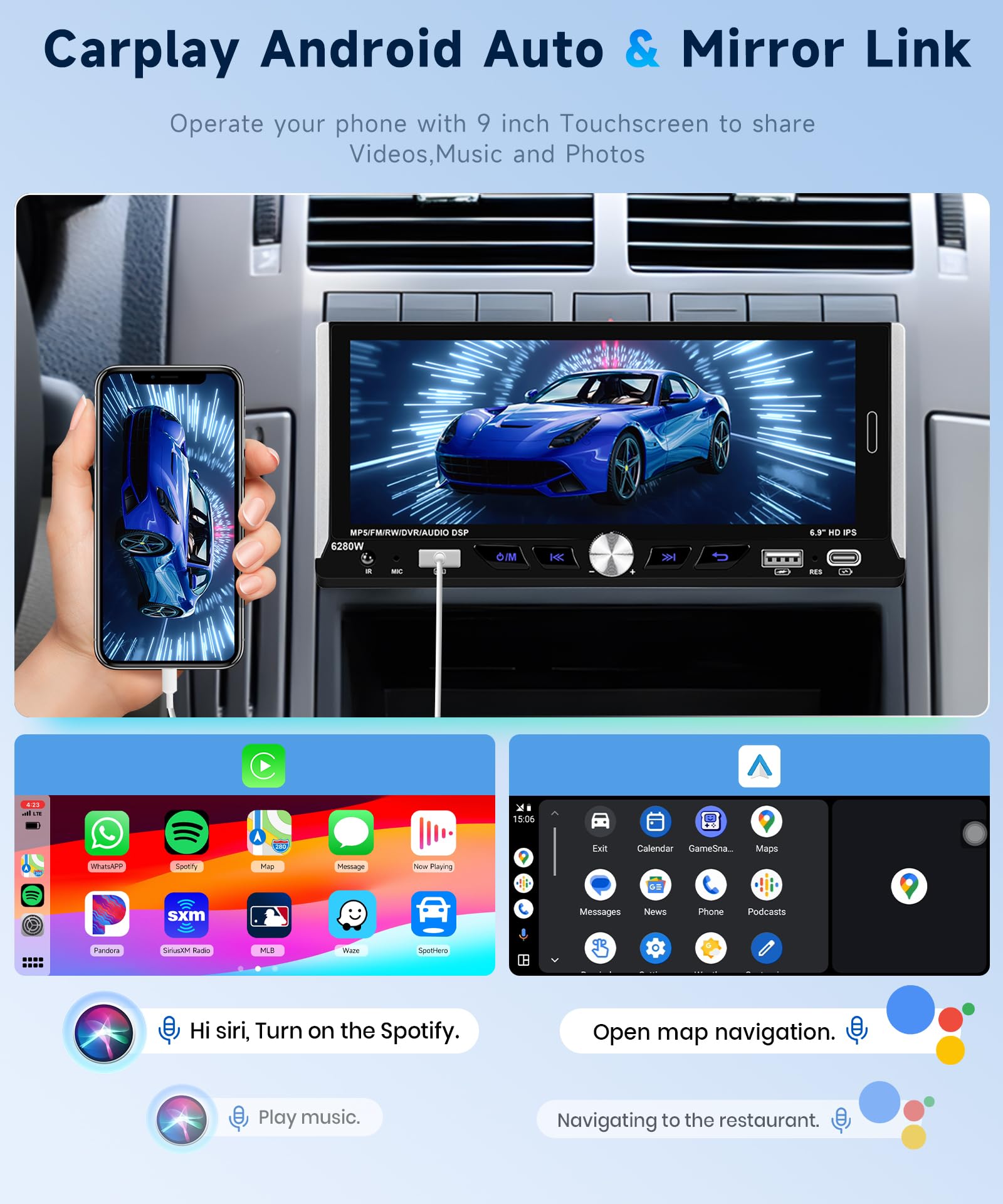 Podofo Single Din Car Stereo with Wireless Carplay Android auto 6.9 inch 2.5D IPS Touchscreen Car Radio Bluetooth 5.0 Mirror Link EQ FM/RDS radio USB/Type-C/TF Card SWC Backup Camera - Image 2