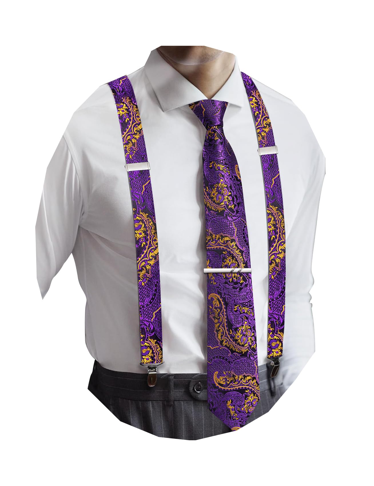 Barry.Wang Men Suspender Tie Sets Elastic Heavy 6 Clips Hanky Cufflink 5PCS | Classic Suspender Set for Man Necktie Y Type Adjustable Heavy Duty 6 Clips Braces Pocket Square Cufflinks Party