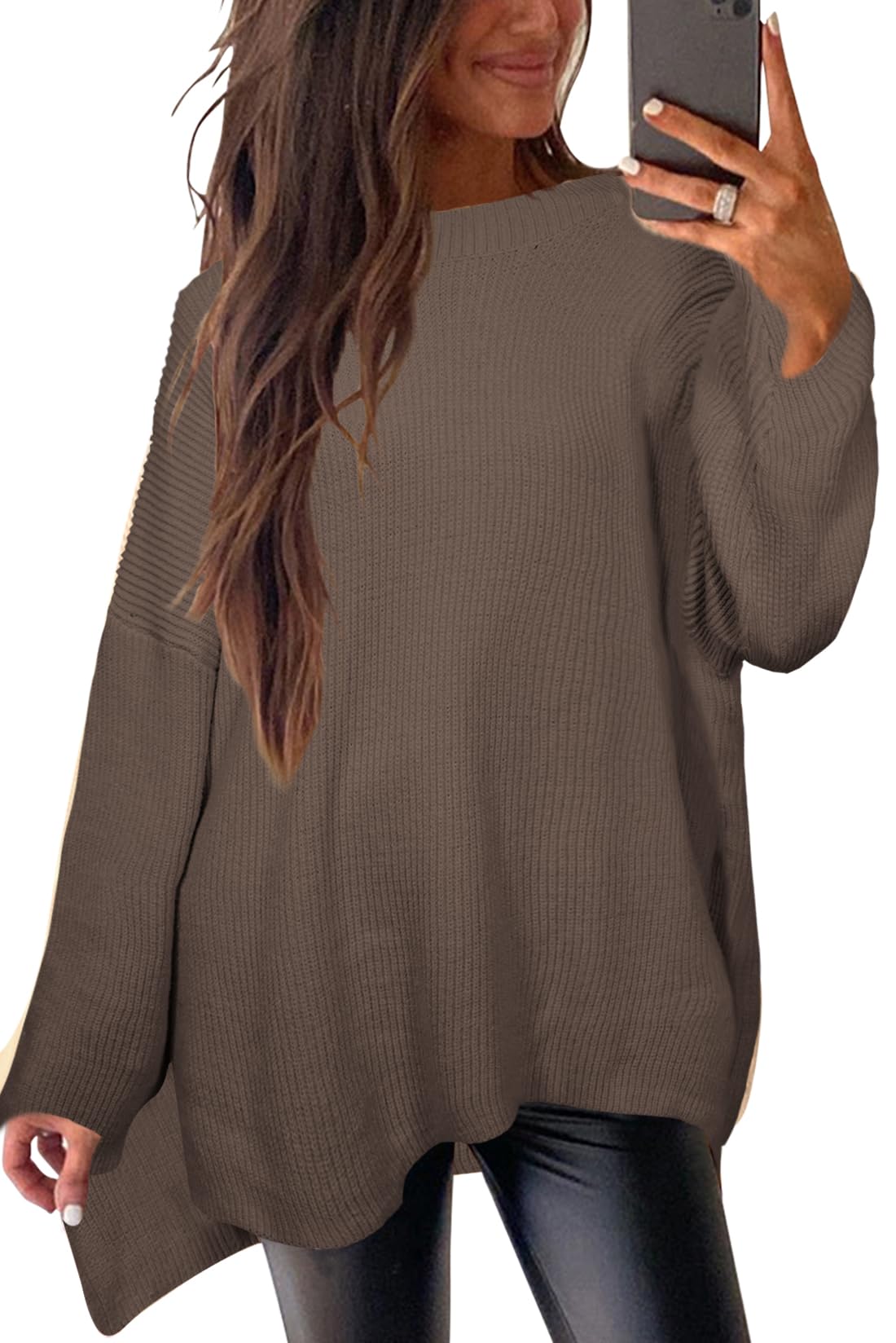 Women's Oversized Sweaters Batwing Long Sleeve Chunky Fall Winter Side Slit Tunic Pullover Knit Tops (Extra Loose)