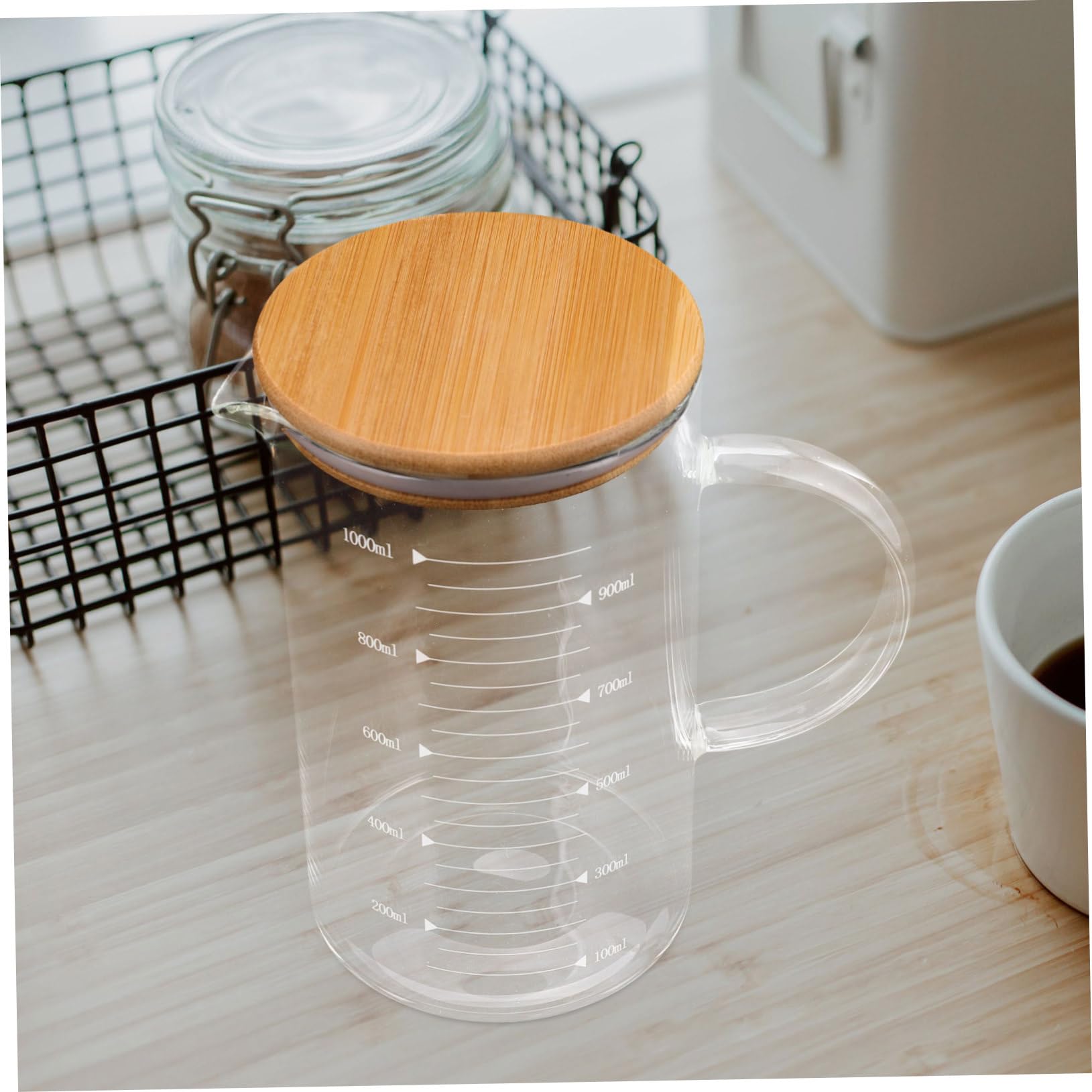 Verre Doseur en Verre 1000ml avec Couvercle et Poignée, Graduations Claires, Design Élégant, pour Usage Quotidien Cuisine