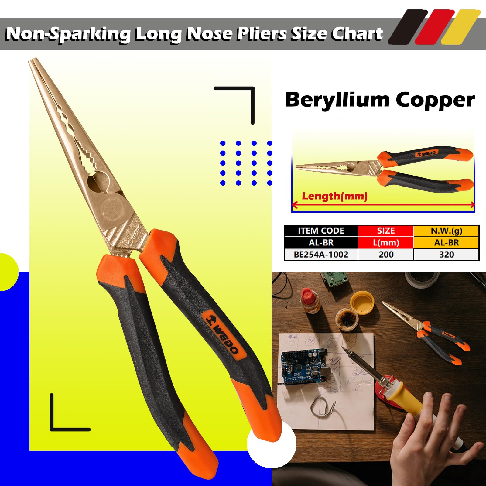 WEDO Pinze a becchi ad ago, pinze a becco lungo di precisione non scintillanti, pinze a becco lungo, lunghezza 20,3 cm, 200 mm, rame berillio, non magnetico, standard DIN, certificato BAM e FM