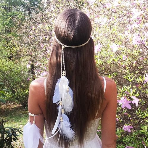 Jumwrit Diadema de plumas bohemias, tocado gitano indio, diadema ajustable con borla, accesorios hippie para mujeres y niñas
