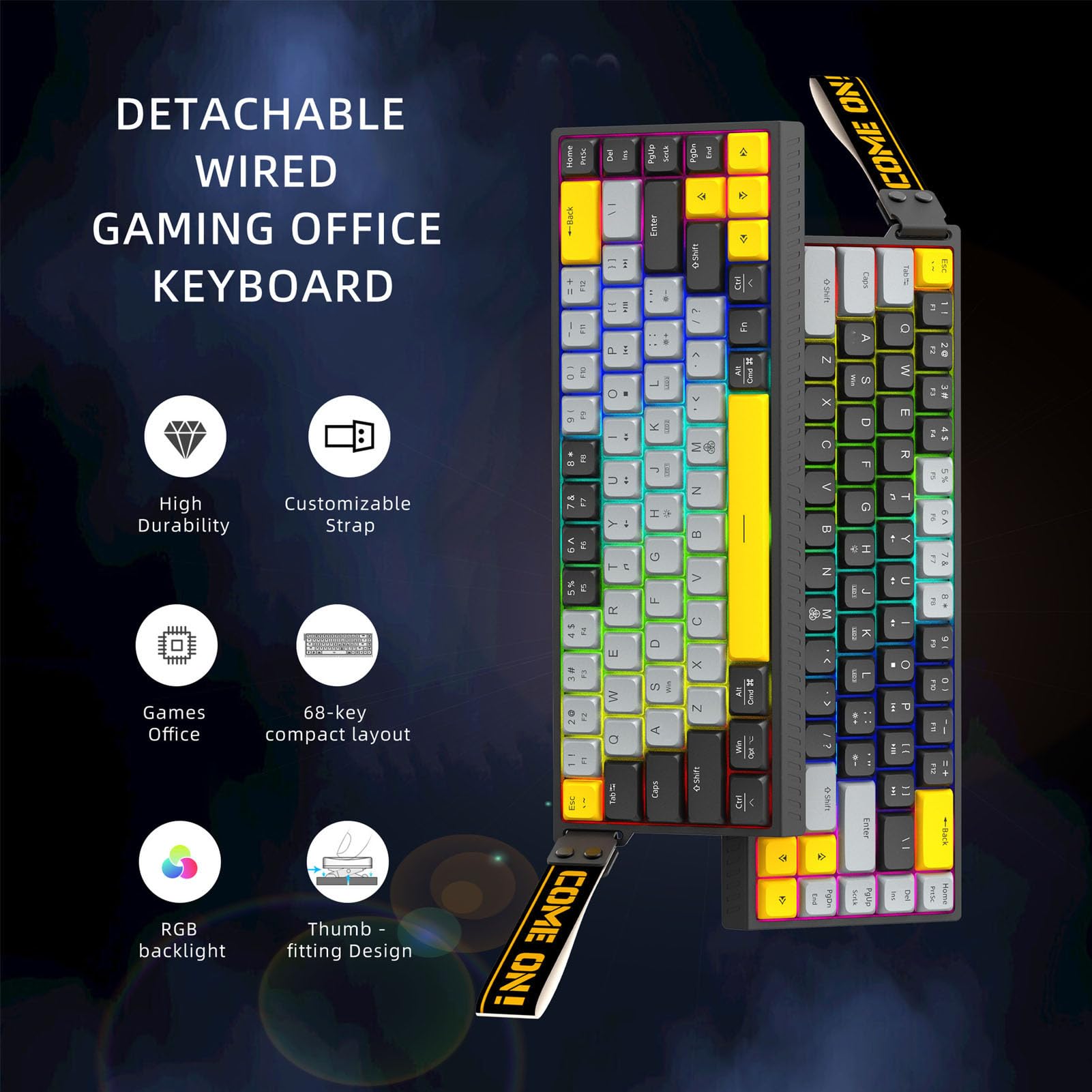 Tastiera USB Cablata, 68 Tasti a Forbice, Anti-ghosting, Tastiera per Computer USB Compatta Silenziosa Retroilluminata RGB per Giochi di Lavoro (Grigio Nero)