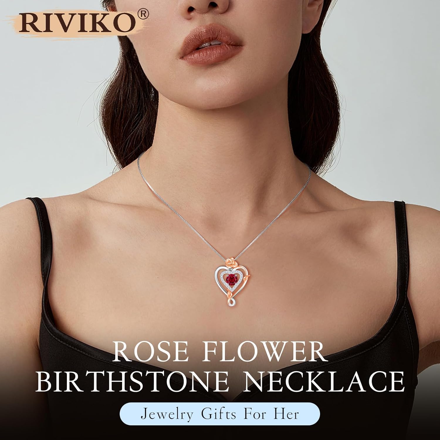 RIVIKO Infinity Heart Symbol Rose Birthstone Necklace for Women,925 Sterling Silver Heart Pendant Necklaces,Anniversary Valentines Jewelry Birthday Mothers Day Gifts for Mom Her Wife Women Girlfriend - Image 2