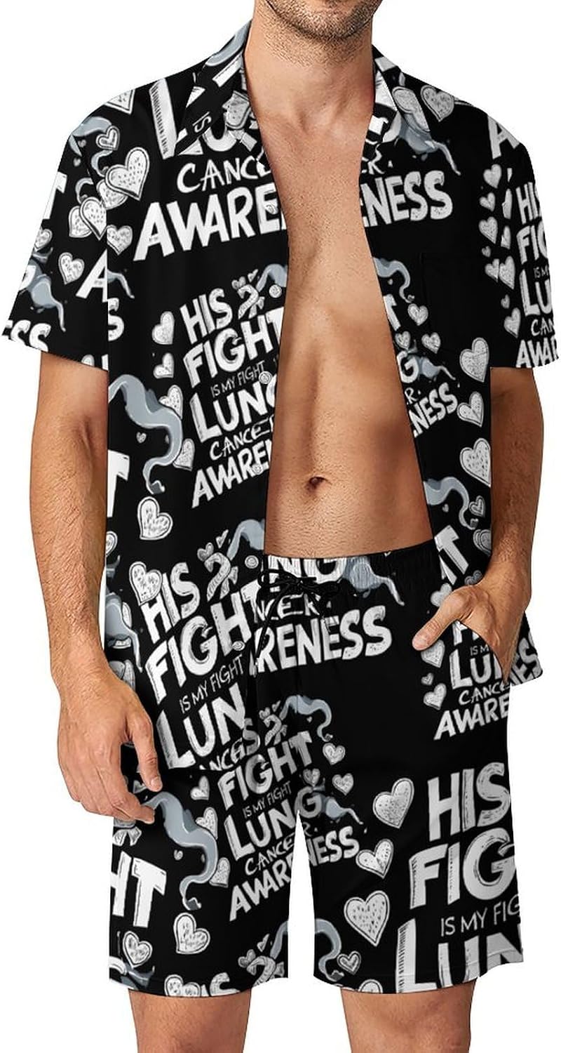 His Fight Is My Fight Lung Cancer Men's Summer Beach 2 Piece Outfits | hawaiian button down shirt and shorts,vacation cruise,mens bathing suit