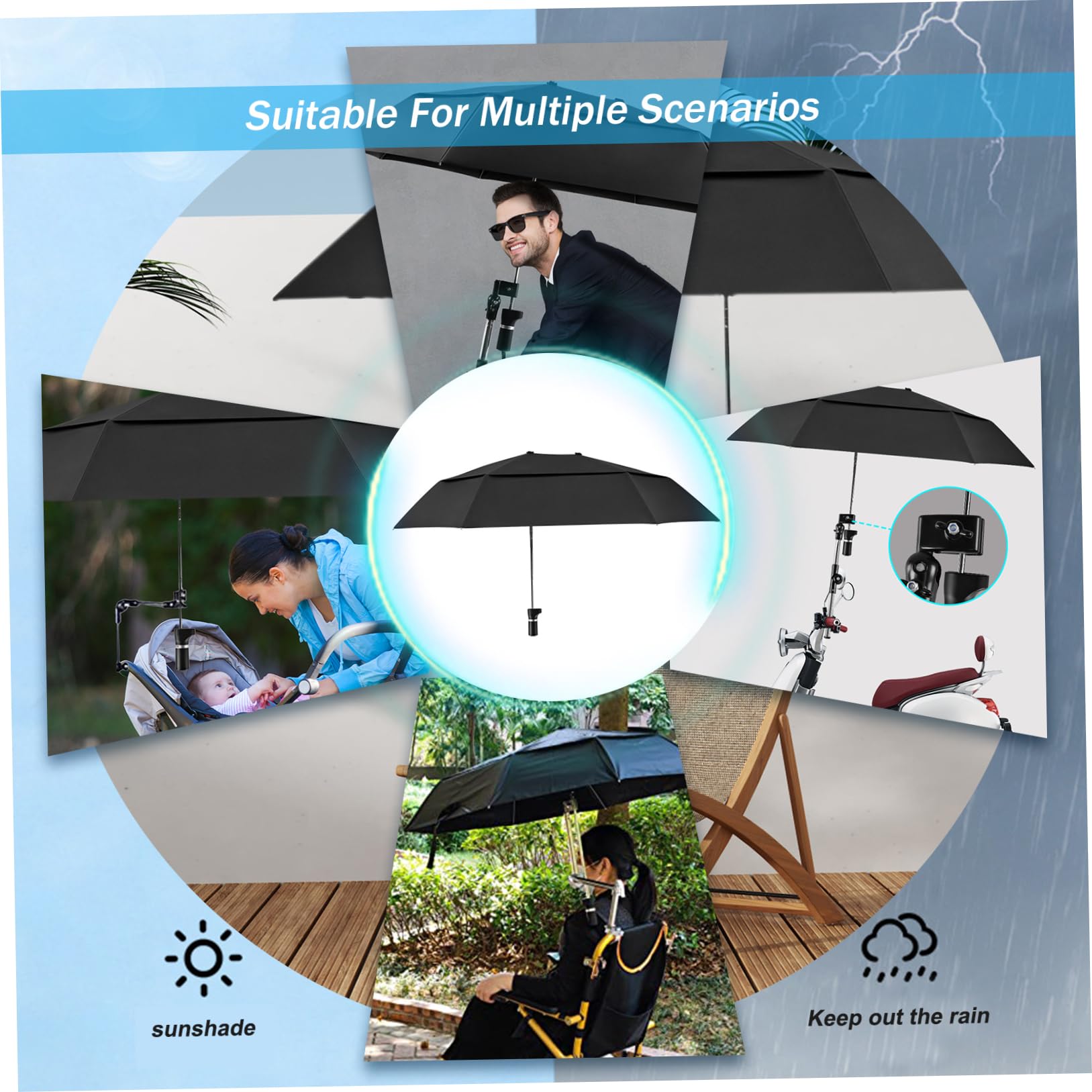 Paraguas para silla con abrazadera ajustable, protección contra la lluvia UV, paraguas para silla de ruedas 40, 9 de doble cara