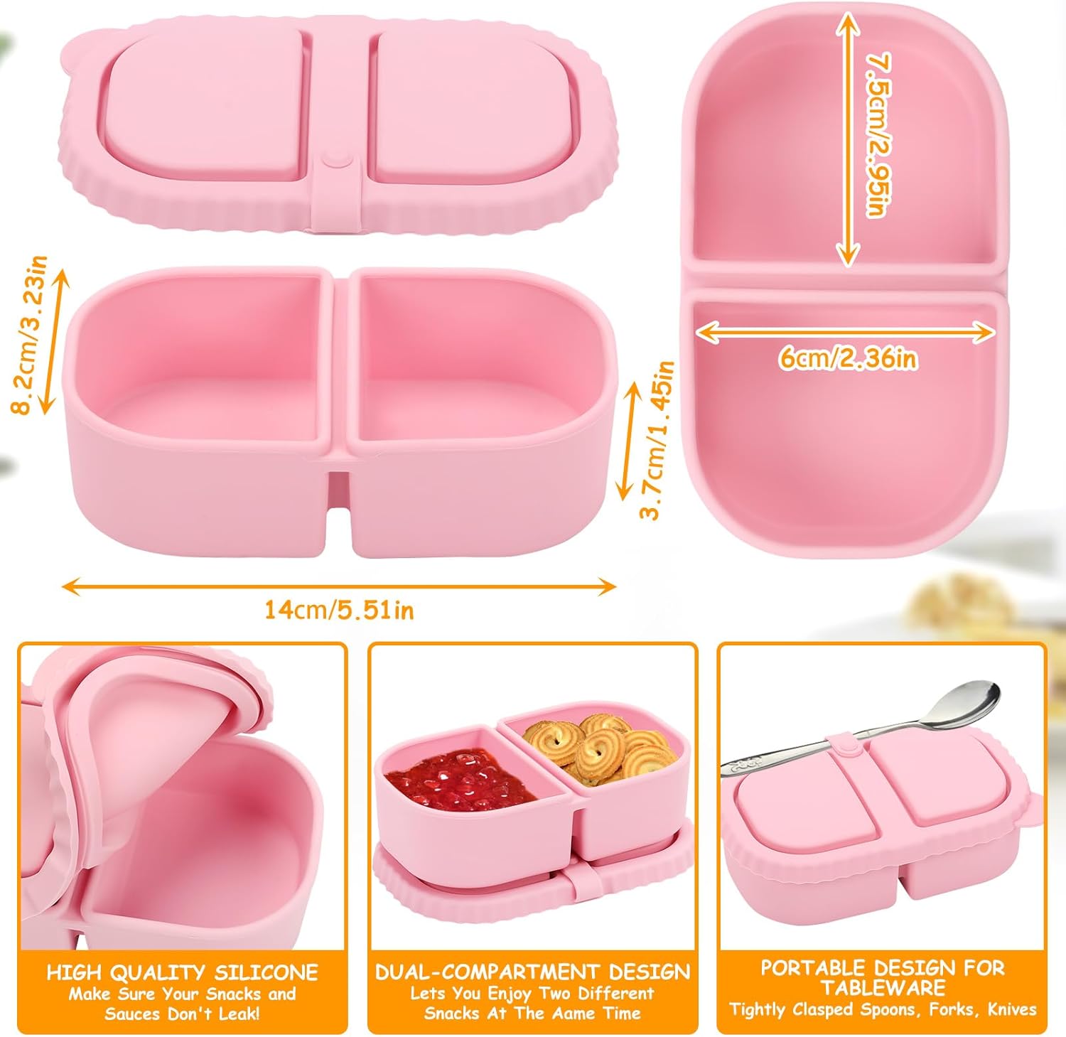 Bento Box 2 Pack Silicone Reusable Snack Containers with Lids, Double Compartment Snack Containers, Silicone Snack Box, Snackle Box Container for Travel, Office, Picnic(Pink/Green)