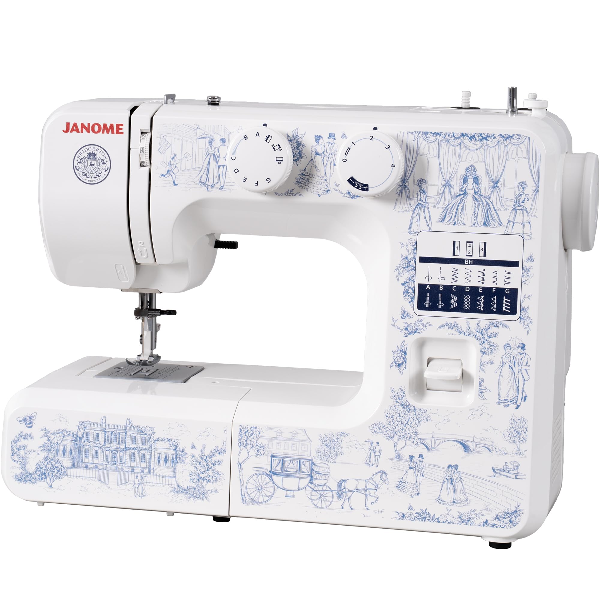 Janome Toile Romance - Máquina de coser de 15 puntadas fácil de usar con licencia oficial de la colección Bridgerton