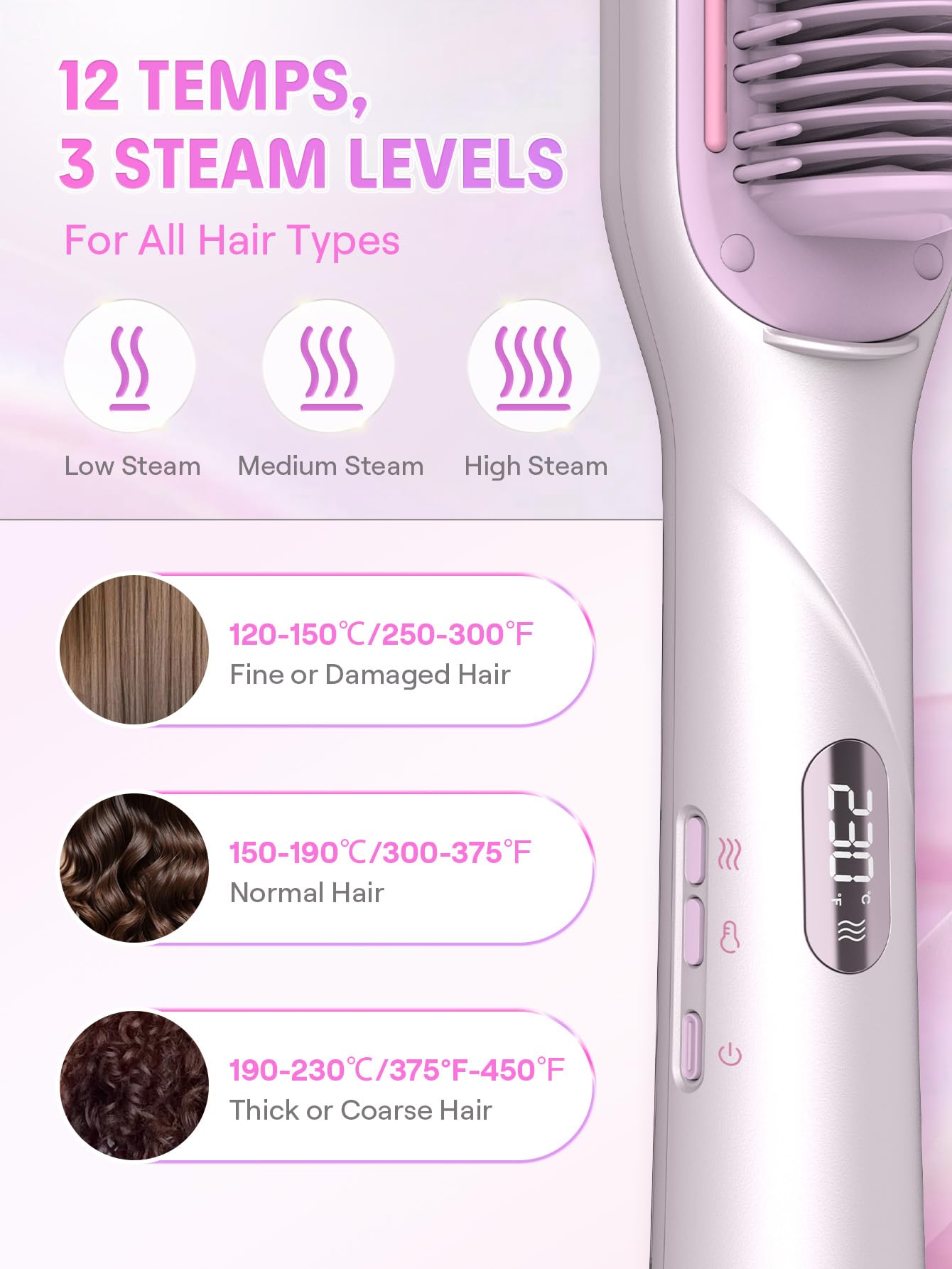 SHEGLAM Dampf-Glättbürste, 4-in-1 Heizkamm mit 3D-Kammzähnen, 3 Dampfstufen | Verbrühungssicherer Nano-Dampf, 3D-Kammzähne, 3 Dampfstufen, Schnelles Aufheizen, Verleiht Glanz, Weniger Hitzeschäden