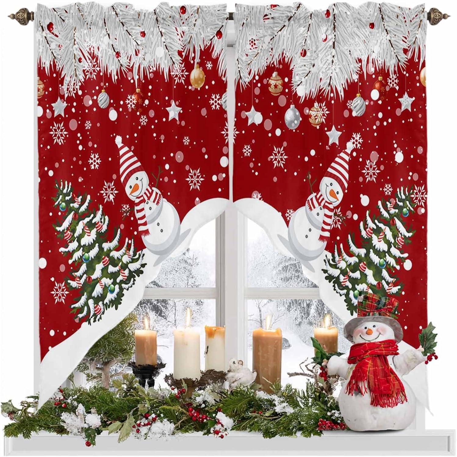 Christmas Swag Valances for Windows Red Xmas Tree Ball Snowman Rod Pocket Window Treatment Pine Needles Snow Kitchen Window Curtains Swag Curtain Valance for Living Room, Bedroom 72" W x 36" L