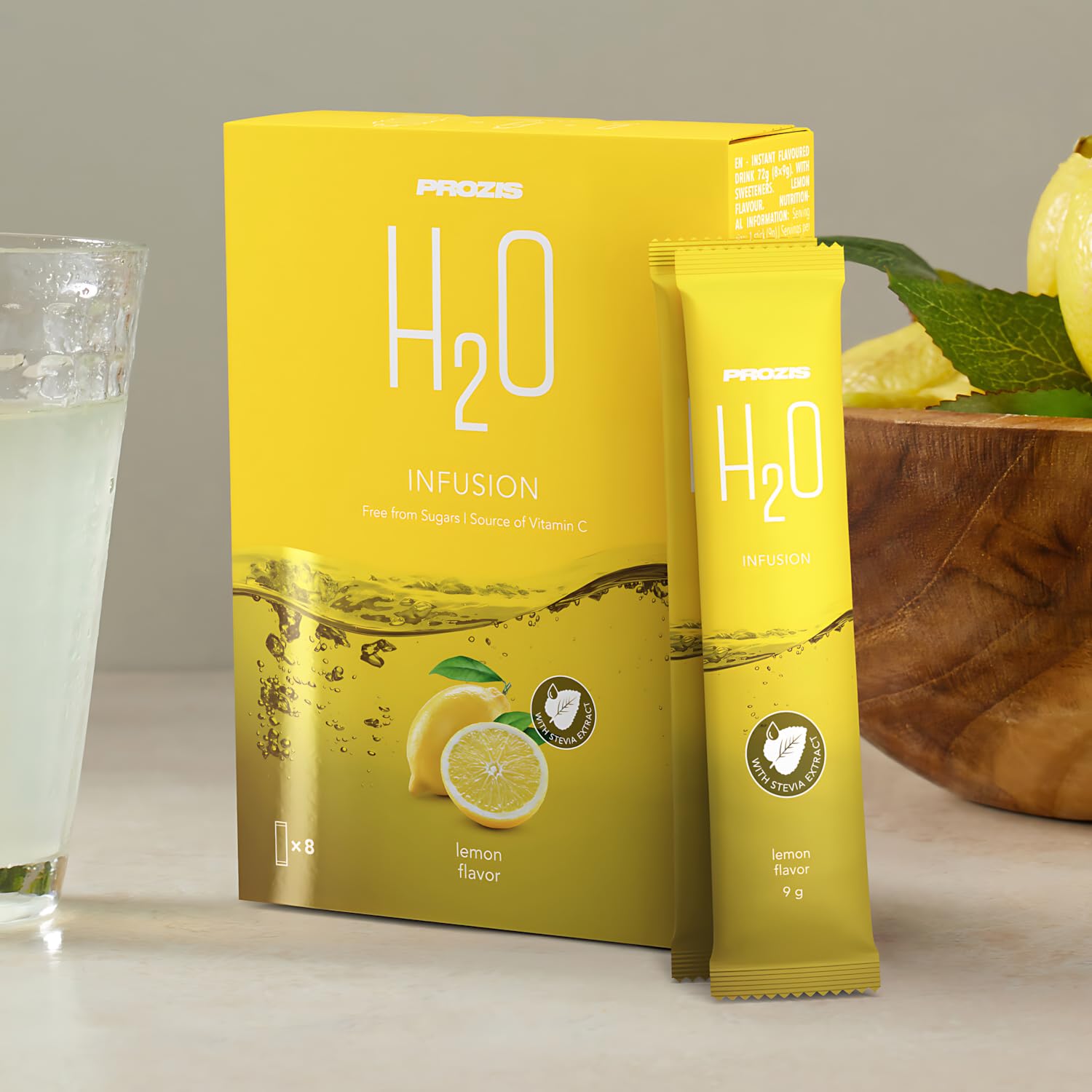 Prozis H2O 12 x 9 gr - Preparado instantáneo soluble para beber sin azúcares, muti sabores a elección (limonada fresca)