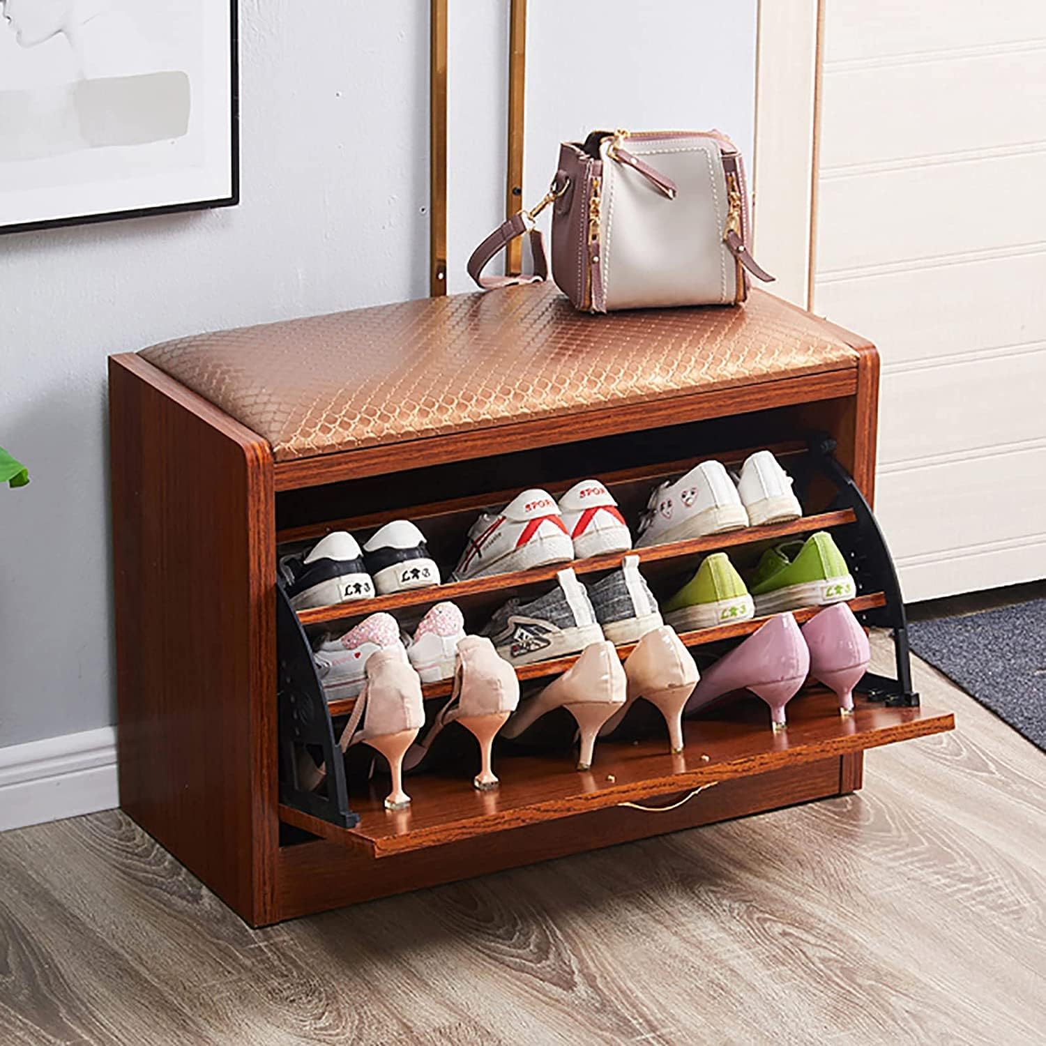 Modern Shoe Cabinet With Door-Wood Wooden Shoe Storage Bench With Hidden Shoe Rack,Entryway Shoe Bench With Leather Seat,Premium Hallway Shoe Organizer(Size:65x30x45cm(26x12x18inch),Color:Brown)