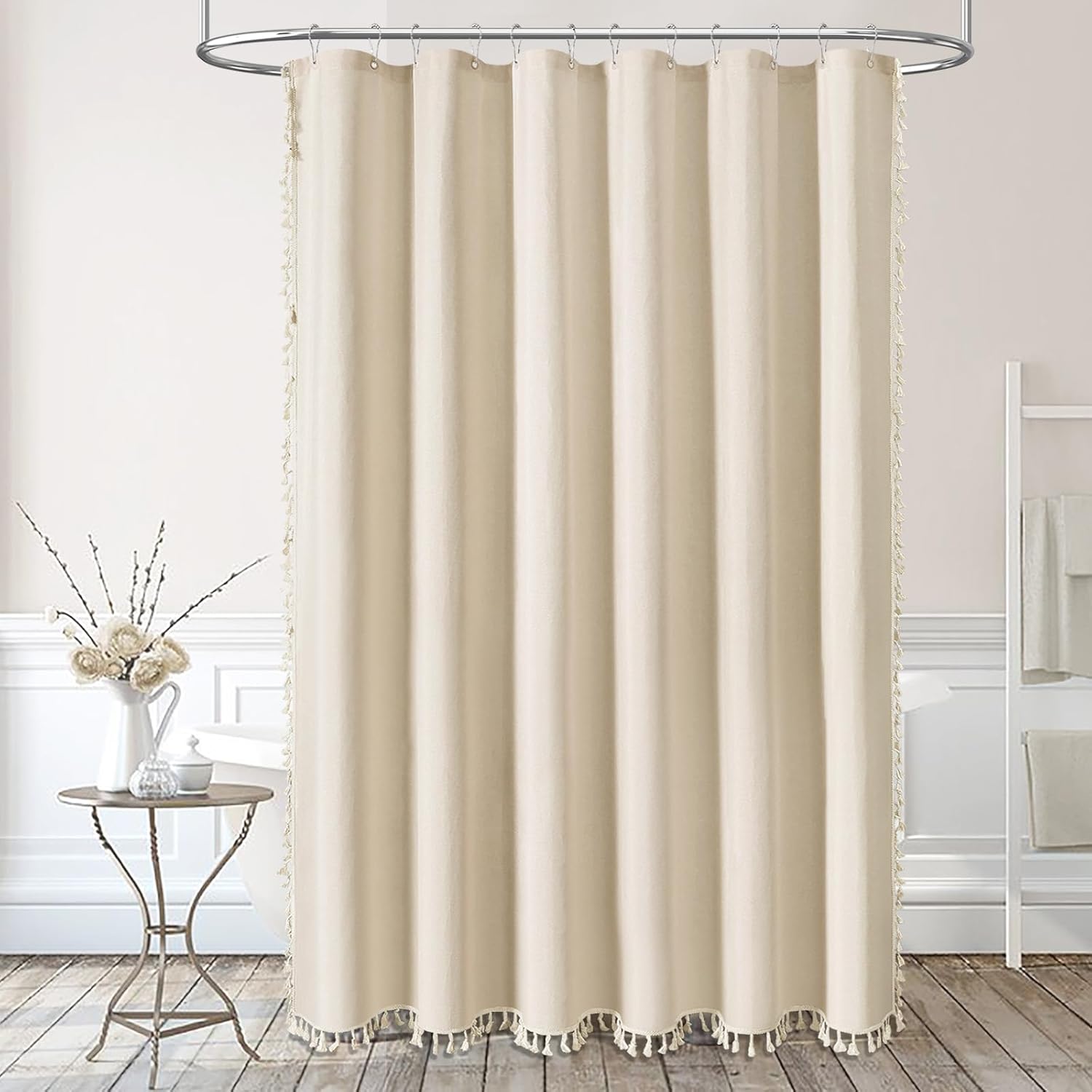 BTTN Farmhouse Shower Curtain with Tassel, Linen Textured