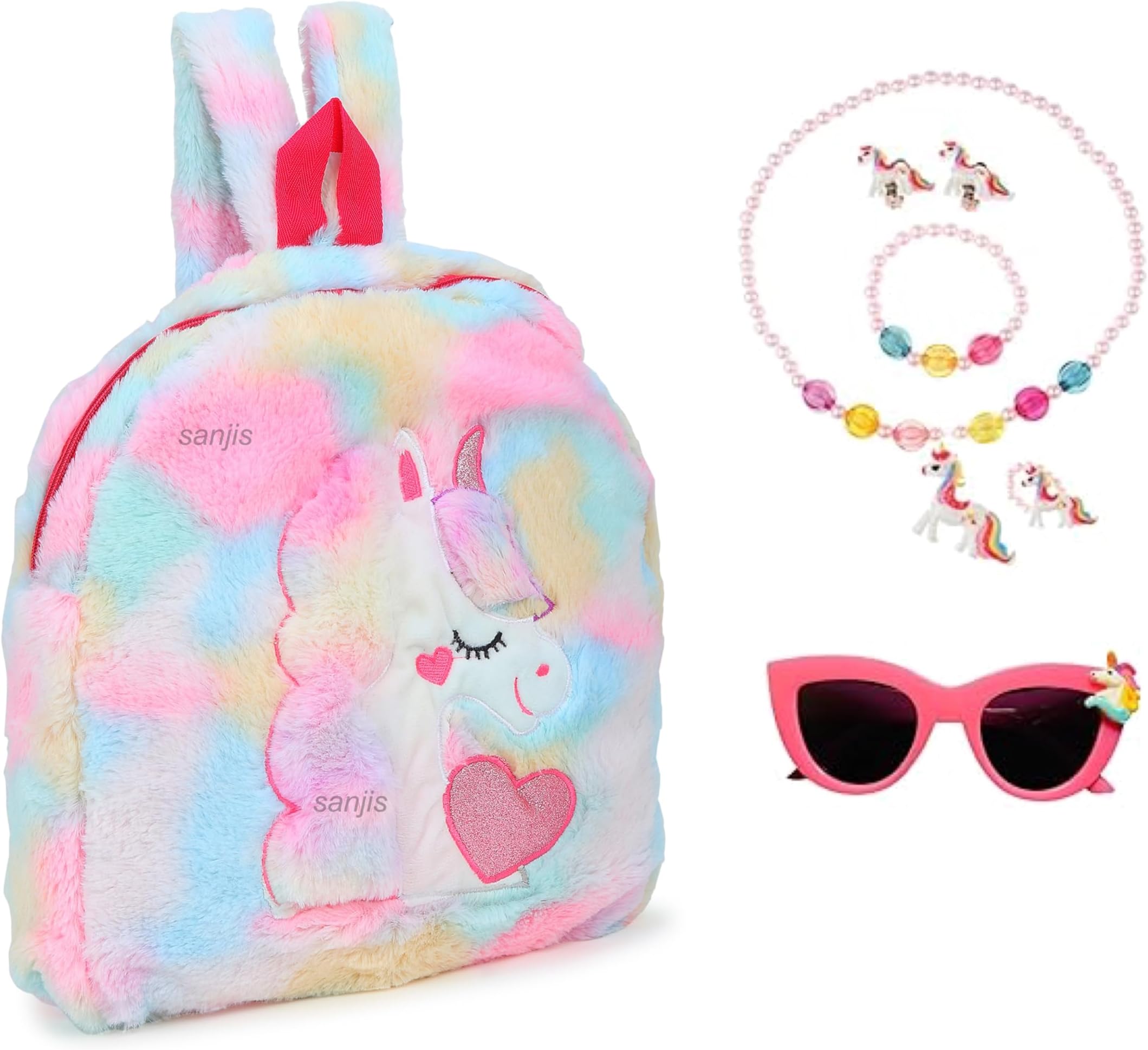 Sanjis Enterprise Kids/Toddler 11 inch fur School Bag Soft Plush fur led Backpacks Cartoon Boys Girls Baby with unicorn soft cute unicorn desine with sunglass and jewellary.