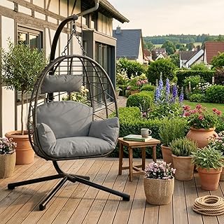 Hängesessel mit Gestell Outdoor & Indoor – Rattan Hängestuhl bis 130 kg belastbar – Freistehender Hängesitz (Egg Chair) inkl. Kissen & Schutzhülle für Garten, Balkon & Wohnzimmer – Grau