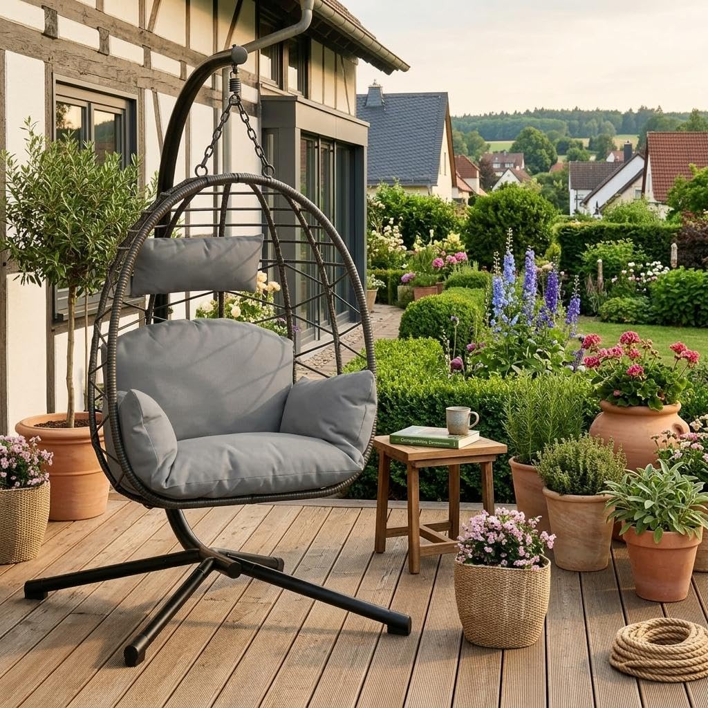 Hängesessel mit Gestell Outdoor & Indoor – Rattan Hängestuhl bis 130 kg belastbar – Freistehender Hängesitz (Egg Chair) inkl. Kissen & Schutzhülle für Garten, Balkon & Wohnzimmer – Grau