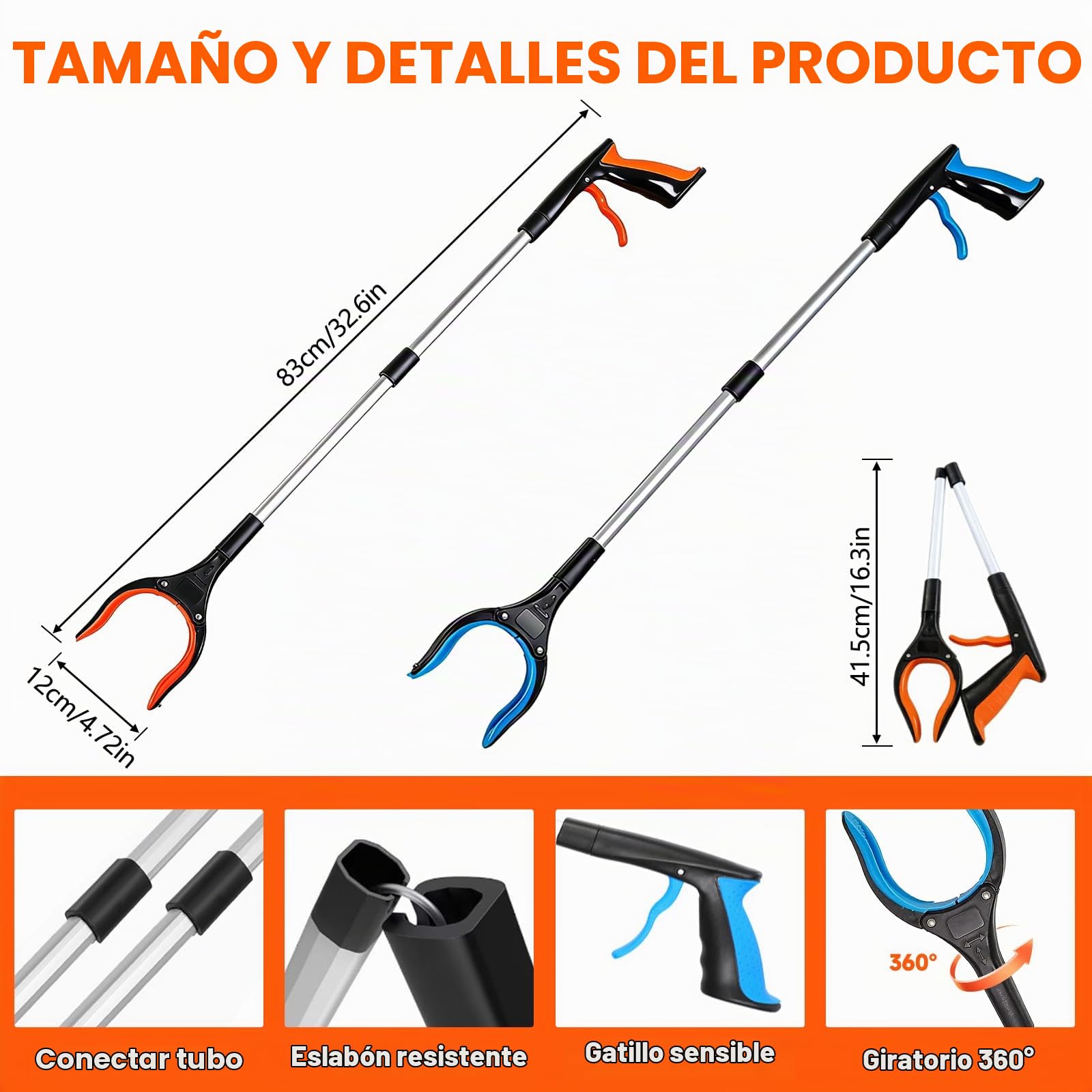 2 Piezas Pinza Brazo Recoge Objetos, Pinza Recoge Objetos Plegable Pinzas Larga Extensibles con Imán y Pinza Antideslizante Rotatoria de 360° para Mayores, Embarazadas, Discapacitados