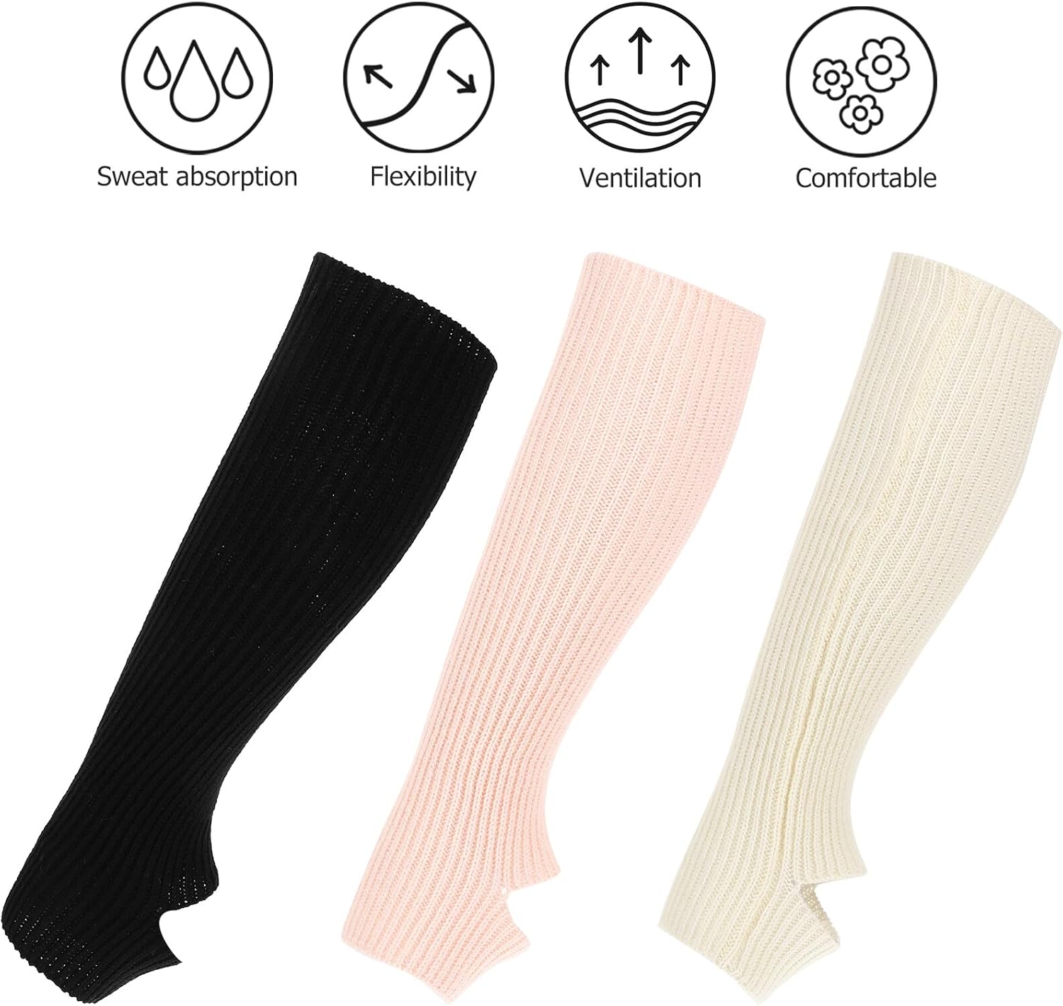 VILLCASE 3 Pairs Women Knit Leg Warmers for Ballet Dance and Yoga Workout, Long Warm Leg Sleeves in Black, Ivory, and Nude Pink for Winter Exercise and Dance Protection