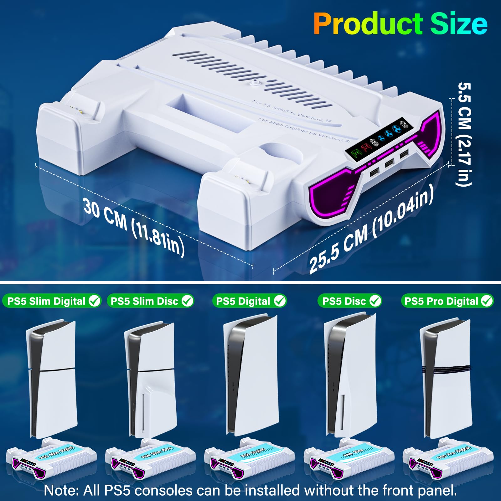 ZRZLMVP PS5/Slim/Pro Controller Stazione di ricarica per console PlayStation 5 Disc/Digital, accessori PS5 con luce RGB, stazione di ricarica del controller, 3 hub USB, bianco
