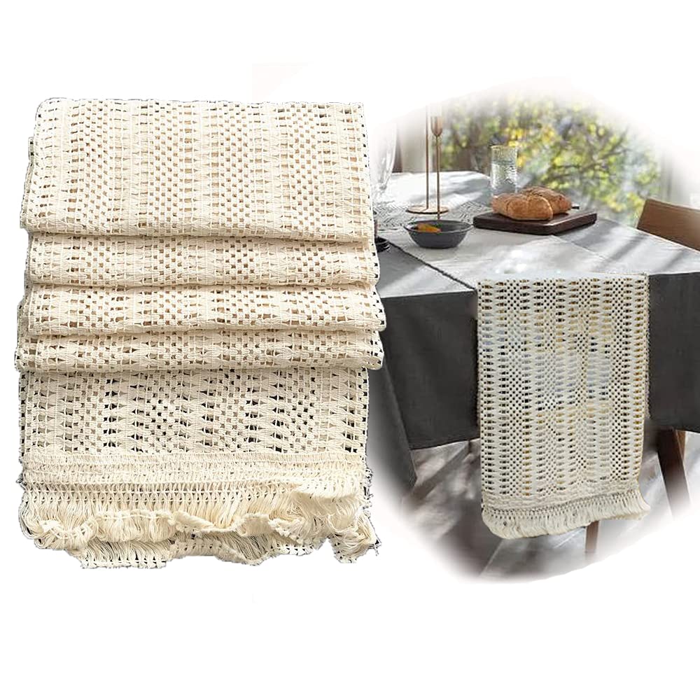 boyspringgMacrame Table Runner Crochet Lace Boho Table Runner Bohemian Wedding Bridal Shower Dining Table Decor 12 x 108 Inch