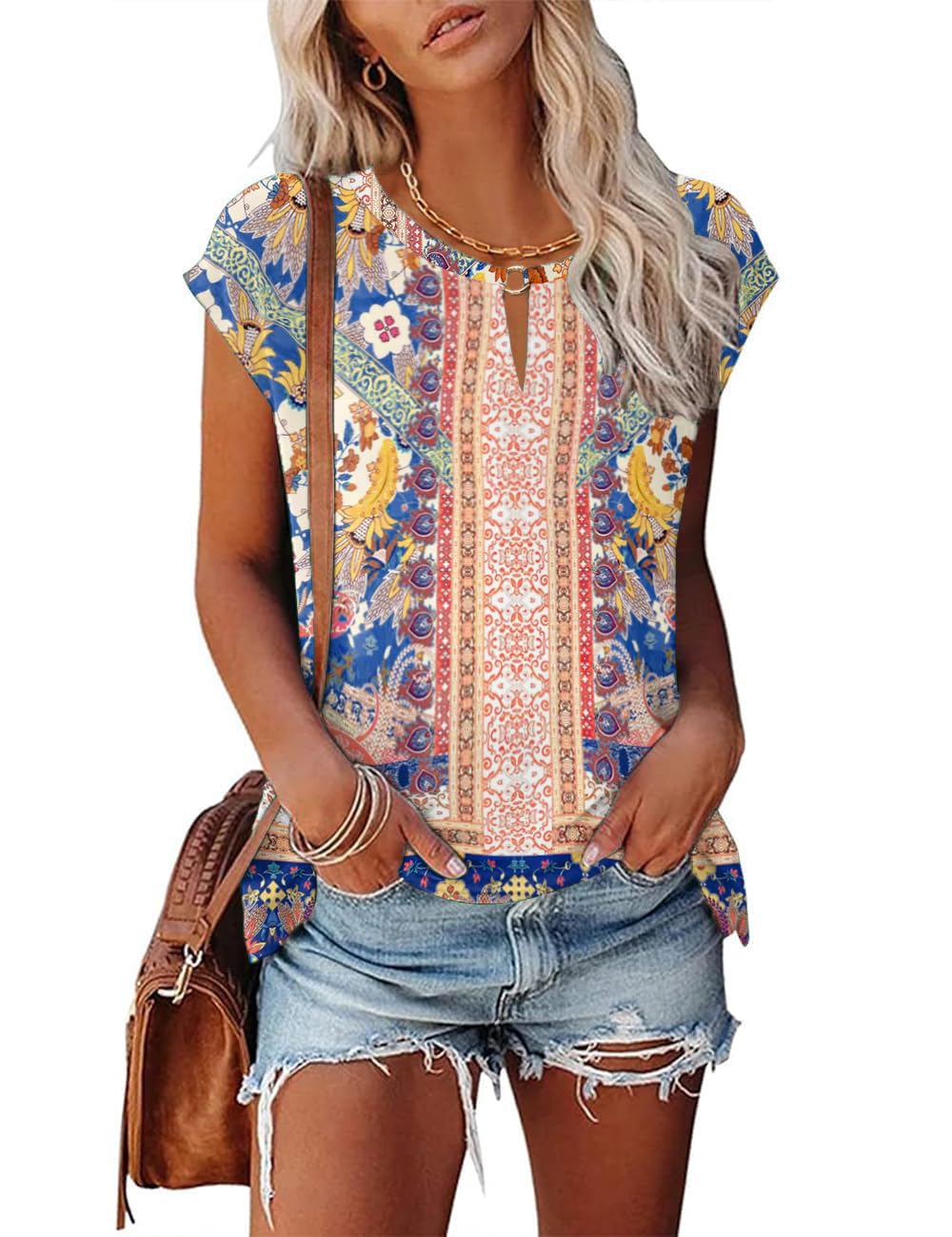 Tanmolo Damen T-Shirt Oberteile Top Sommer mit Flügelärmeln & Metallring-V-Ausschnitt Elegant Casual Shirt Bluse für Freizeit und Alltag
