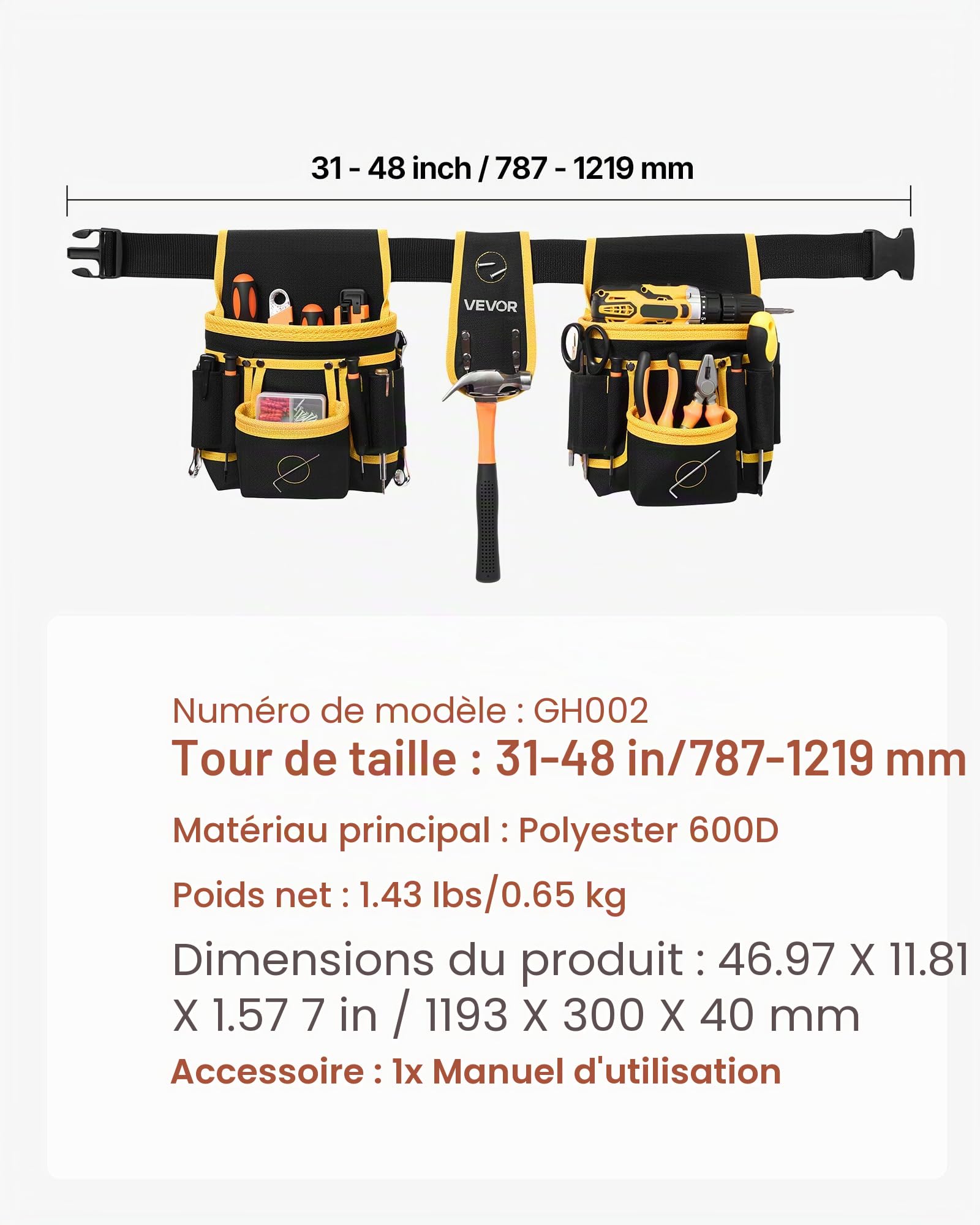 VEVOR Ceinture Porte Outil 28 Poches Ceinture à Outils Tour de Taille Ajustable 78,7-121,9 cm Sacoche Charpentier Amovible Réglable Sac à Outils pour Électricien Construction Homme Chantier Bricolage