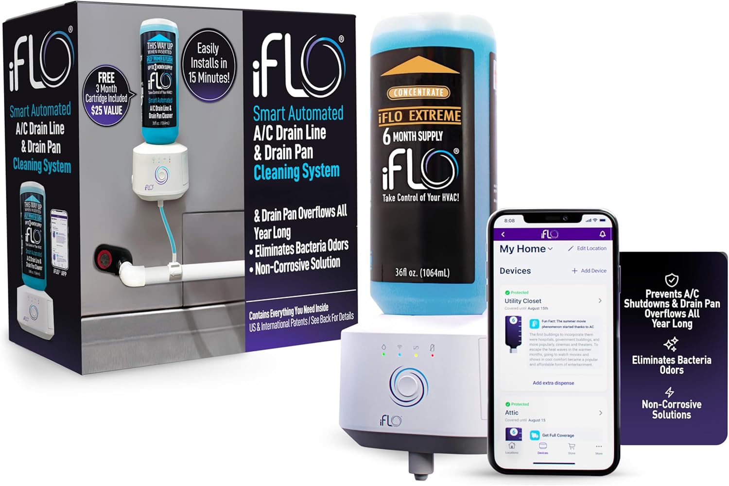 iFLO Smart Automated A/C Drain Line Cleaner for HVAC System, For Clog-Free, Easy Installation and App-Controlled Air Conditioner Maintenance, Includes 36oz Cleaner Cartridge, 6 Month Supply
