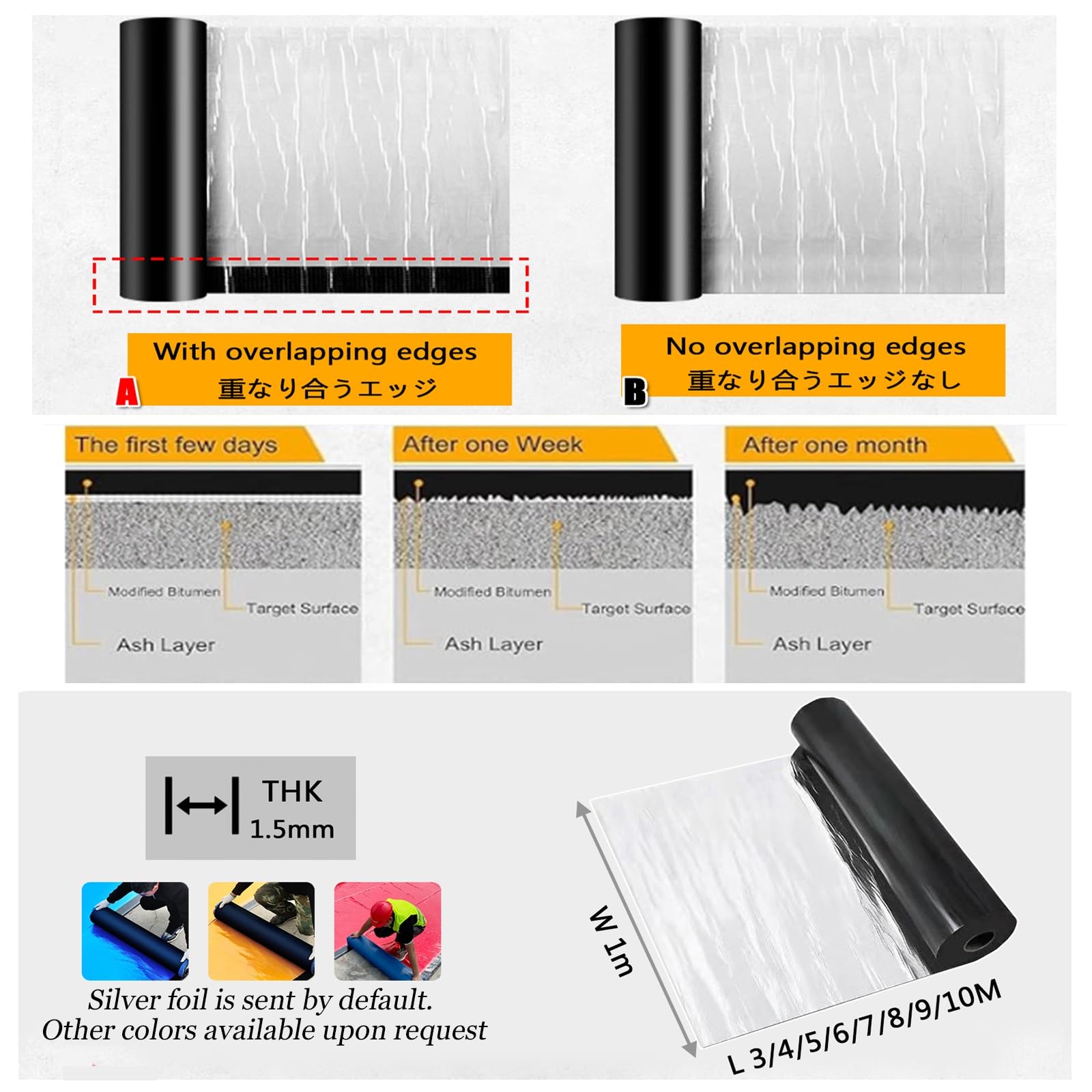 Cinta de Reparación de Betún de Papel de Aluminio, cinta impermeable profesional, membrana autoadhesiva for techos,para Reparación Techos,Goteras,Grietas(THK1.5mm/W1*L3m)