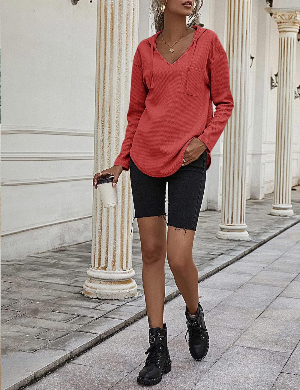 Cuptacc Felpa Donna con Cappuccio 2024 Maglione Scollo A V Autunno Maglia Manica Lunga Camicia Elegante