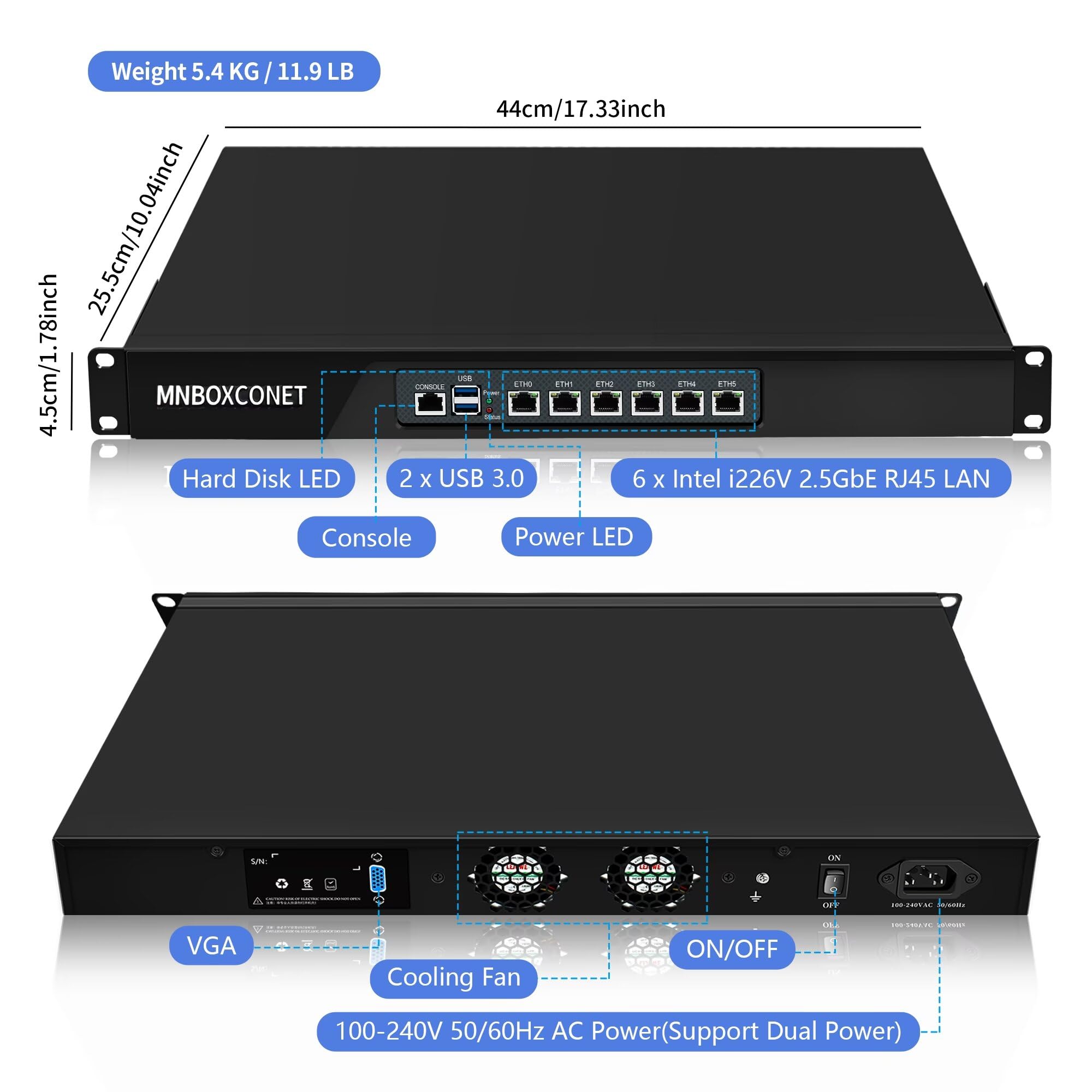 Serveur 1U Rackmount 19'' Firewall Router Appliance N100, 6 x i226V Gigabit Ethernet Console OPNsense, VPN, Network Appliance, VGA, USB 3.0, GPIO, Barebone NO RAM NO SSD