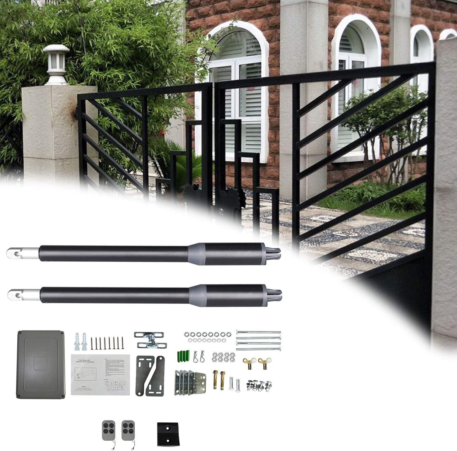 Automatic Dual Swing Arm Gate Opener, 110V Dc 24VDC 40W Medium-Sized Automatic Electric Driveway Gate Door Operator with Remote Complete Kit Electric Driveway Gate Operator Running Time Adjustable