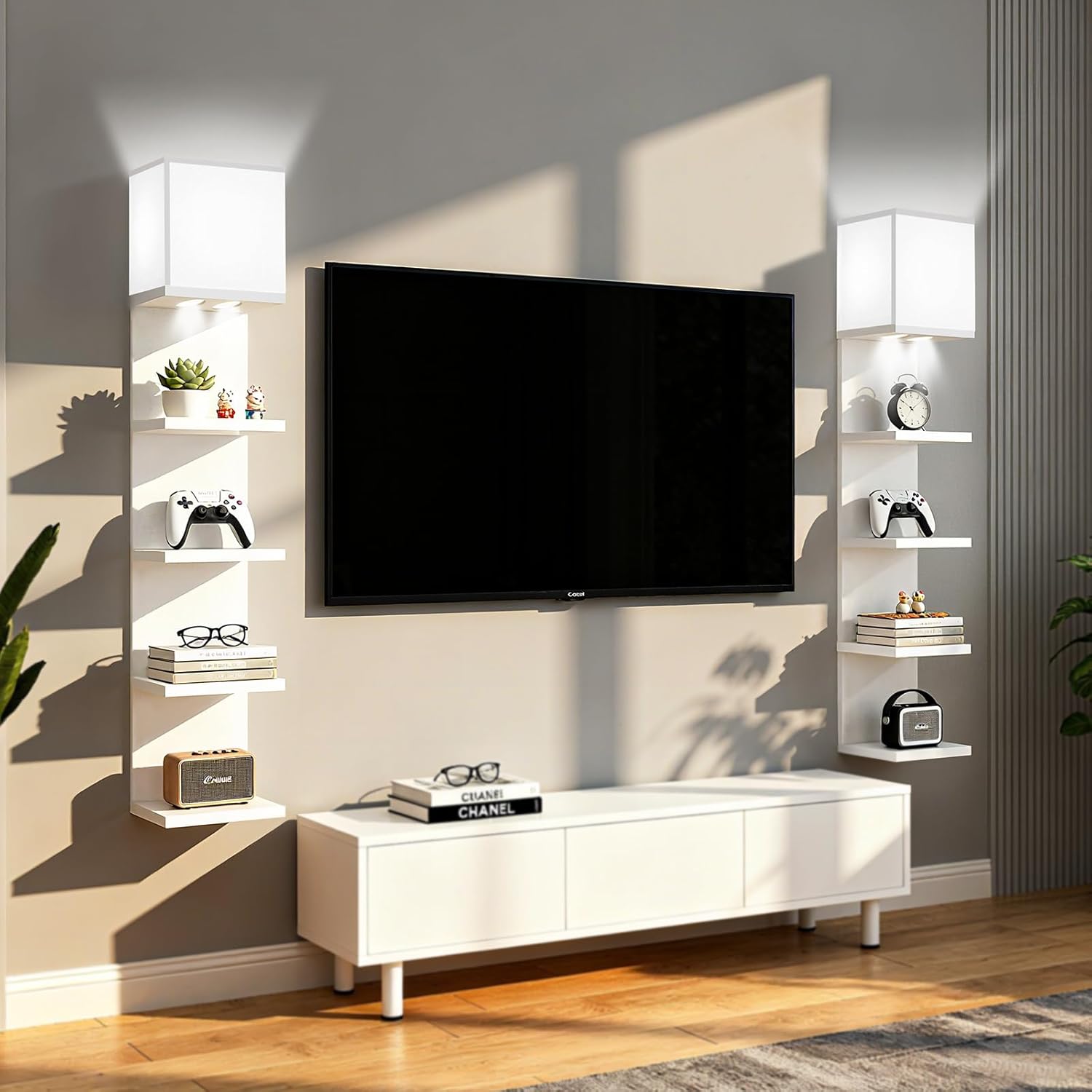 5 Tier Wall Shelf Unit with Light, Lack Wall Shelf, Modern Vertical Floating Shelf, Decorative Wall Mount Vertical Shelves for Bedrooms, Living Rooms, Vanity, Floating Storage, White