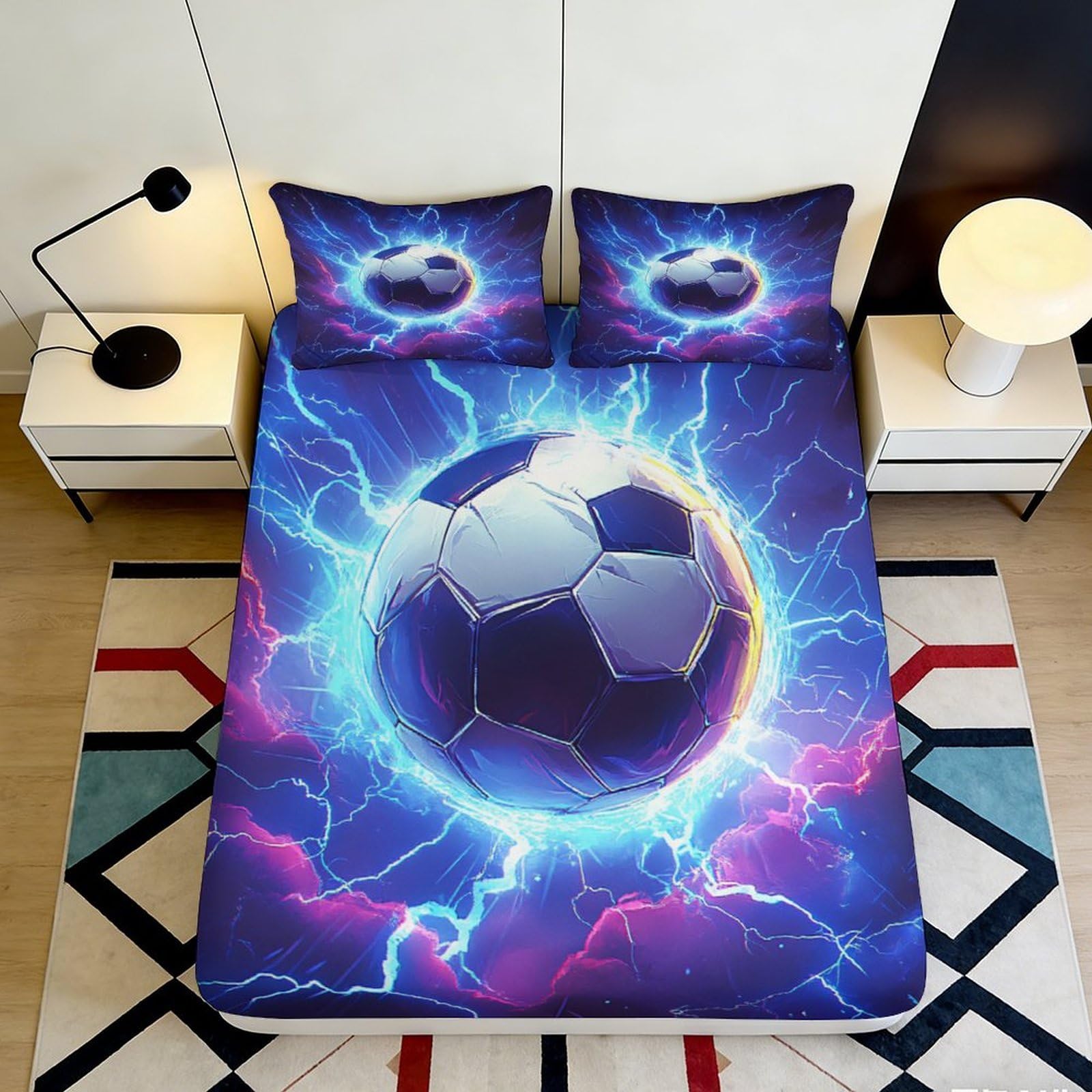3D Printed Electric Blue Lightning Soccer Ball Fitted Sheet Microfiber Soft Breathable Neon Glow Bed Cover for Bedroom Dormitory Guest Room Mattress Protection 140x200x25cm