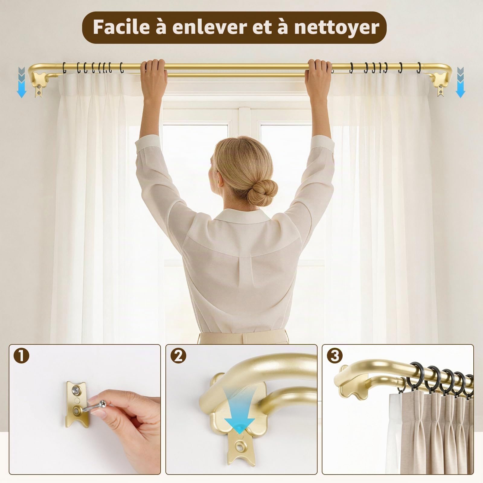 USFOOK Double Tringle a Rideaux Doré, Tringle Double Rideaux 80 à 292 cm | 19 mm Tringle Rideau Extensible, Barre de Rideaux Métal, avec Embouts Courbés, pour Rideaux Occultants, pour Cuisine