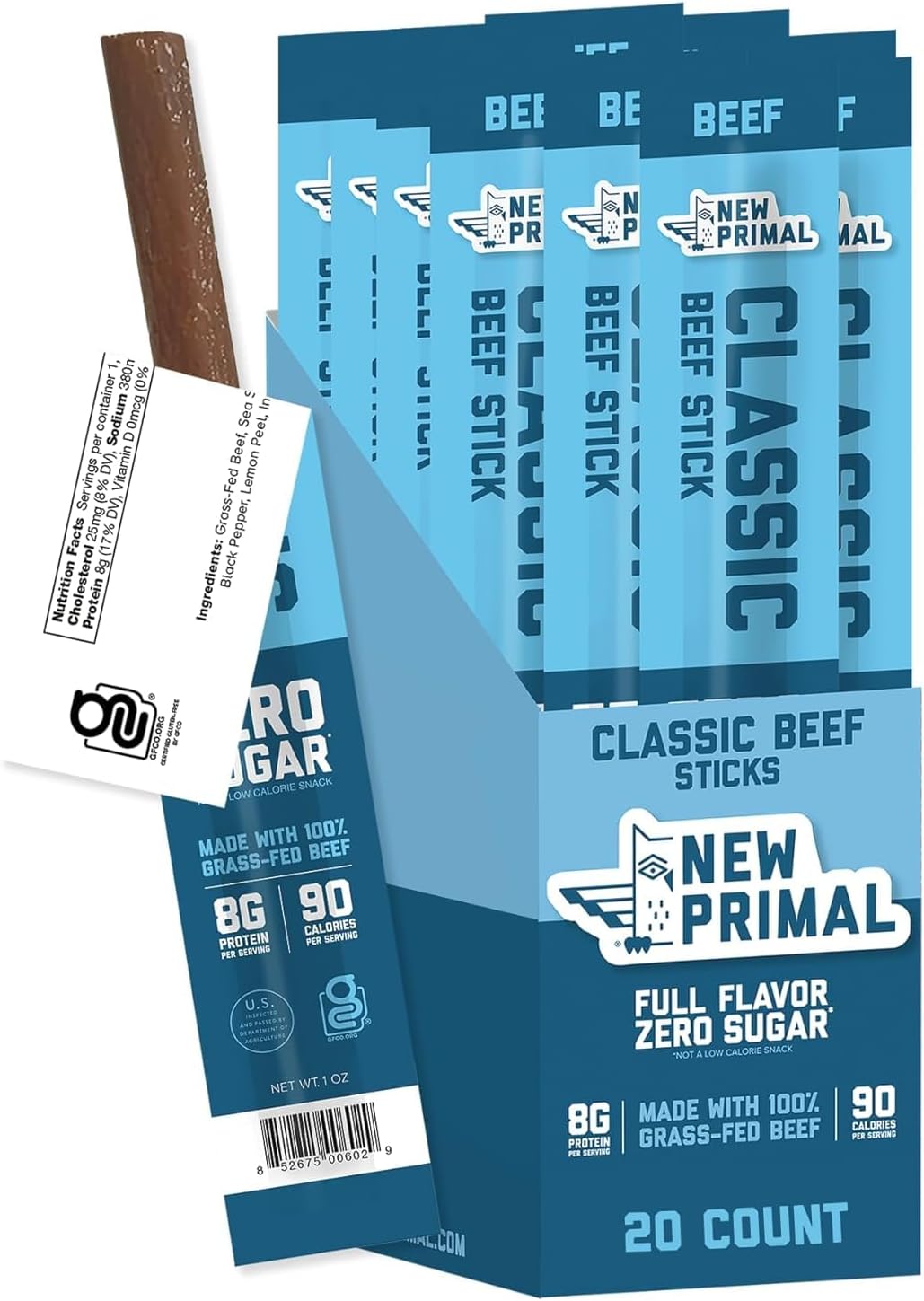 Grass Fed Beef Sticks, Keto, Gluten Free Healthy Snacks, Sugar Free Low Carb High Protein Snack, Jerky Meat Stick, 6g Protein, 20 Ct