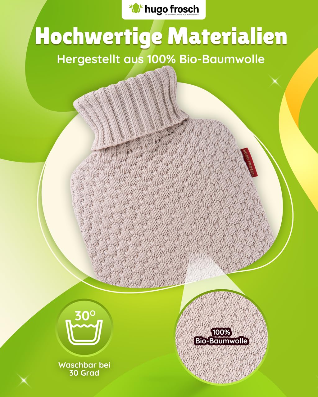 Hugo Frosch Borsa dell'acqua calda Classic Plant 1,8 l, con rivestimento in maglia biologica, sabbia
