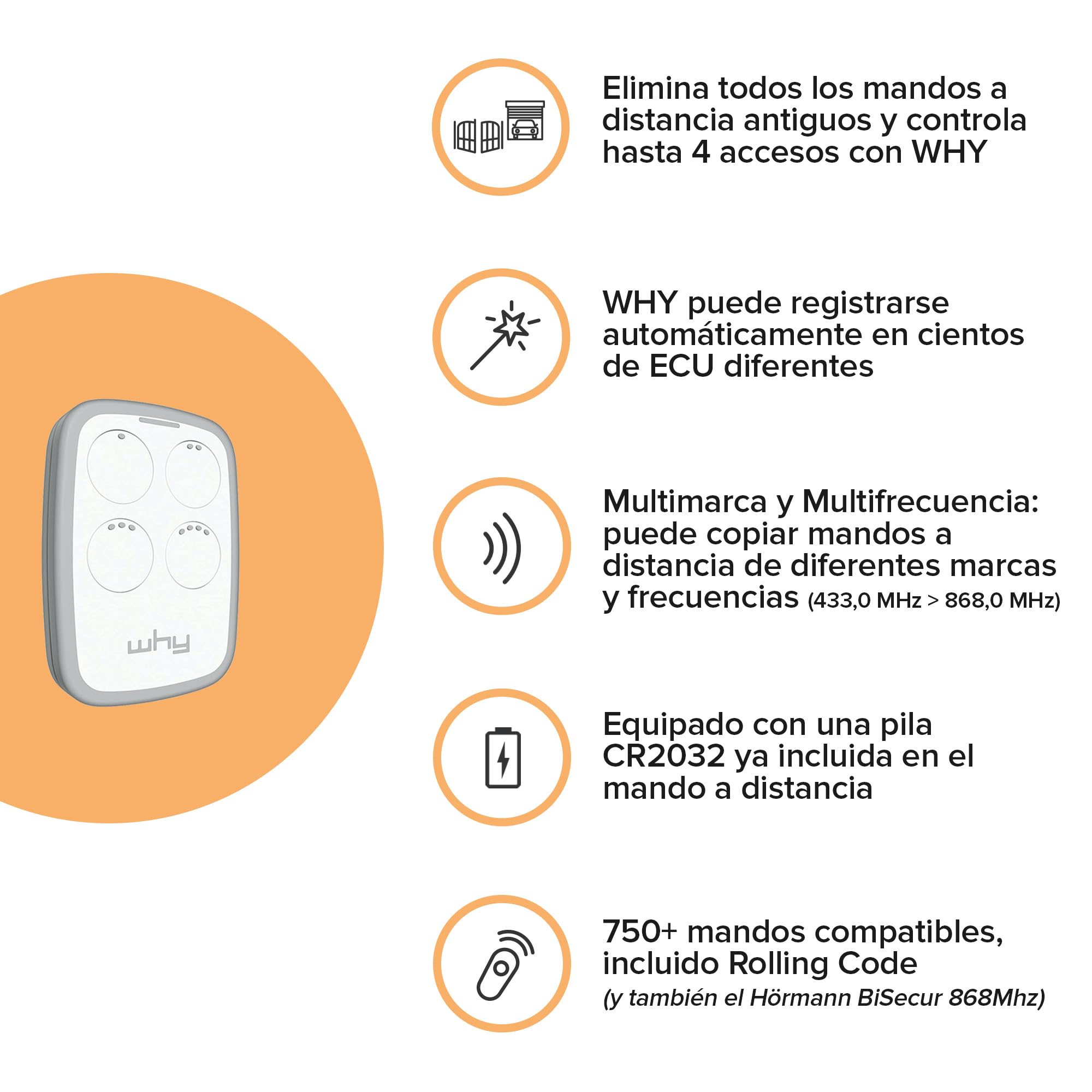 1Control Why 2 Mandos Universales para Portón y Garaje – Compatible con 750+ Modelos, Rolling Code y Código Fijo – Multifrecuencia 433-868 MHz Am/FM – Mandos a Distancia Blancos