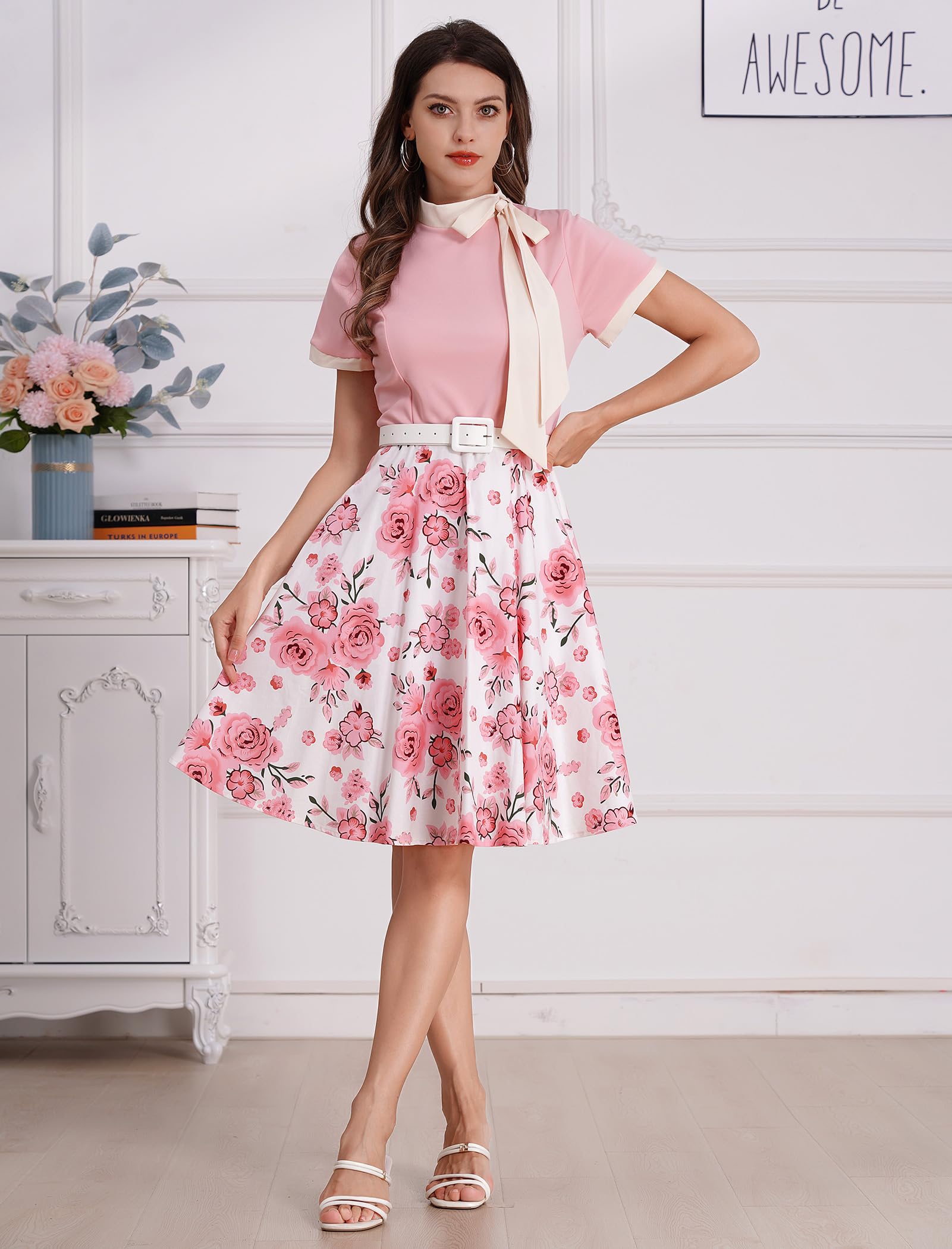IDOPIP Robe élégante pour femme avec col noué - Style rétro années 1950 - Pour cocktail, bal de fin d'année, soirée formelle, rockabilly