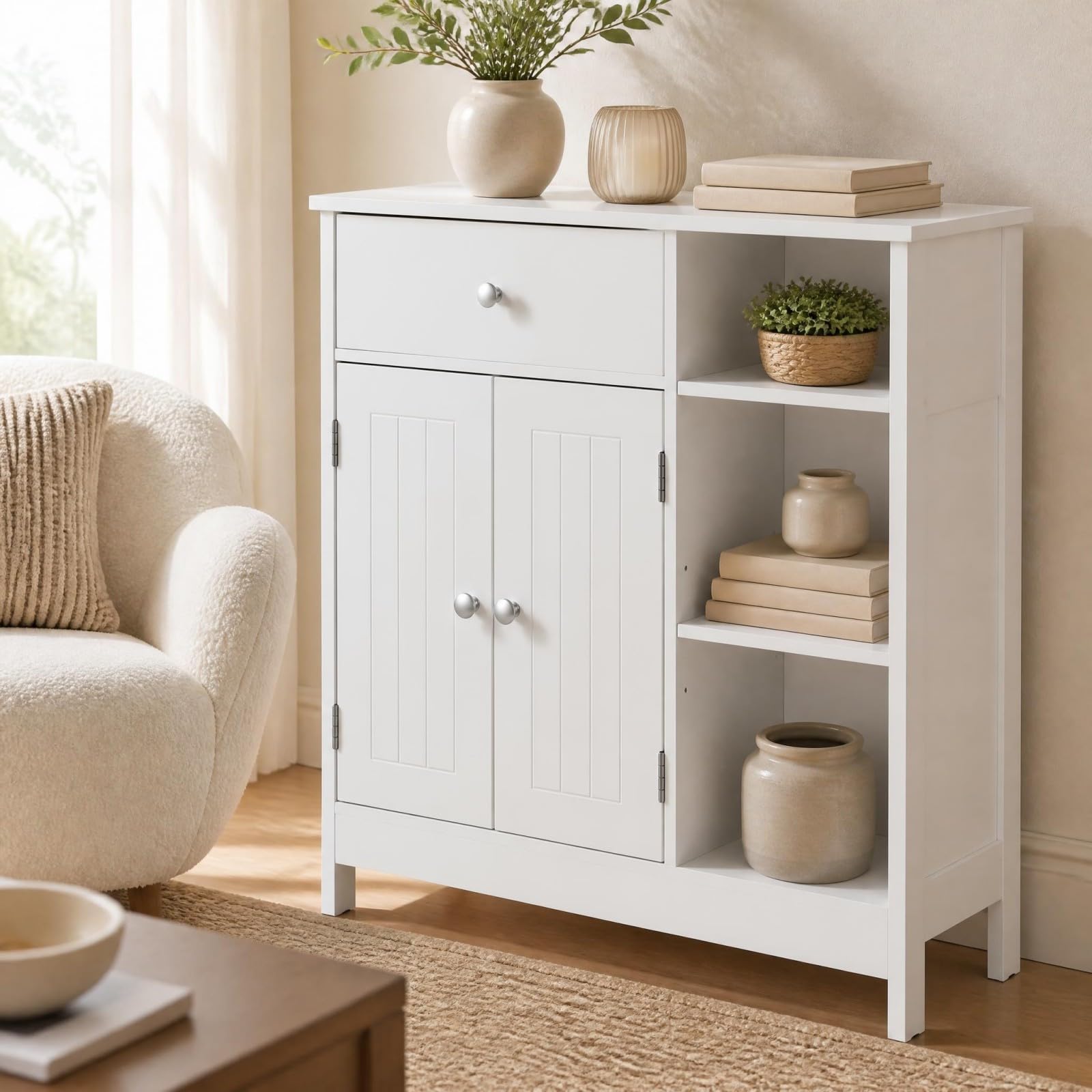 LIFEZEAL Meuble Salle de Bain Rangement avec Etagère Réglable, Armoire de Rangement sur Pied avec Tiroir et 3 Compartiments, Meuble de Rangement en Bois, 75 x 30 x 80 cm (Blanc)