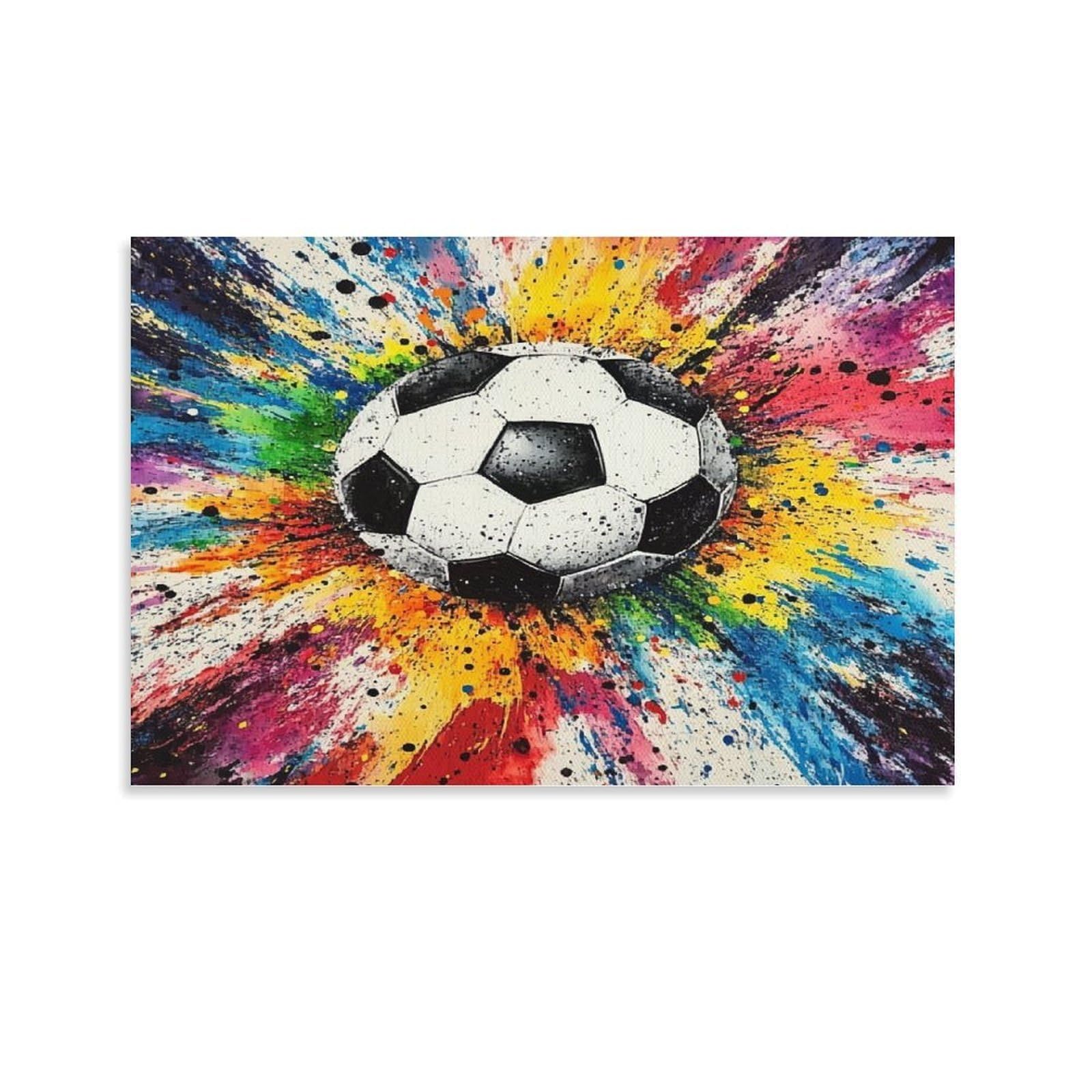 CPLVKWRQJ Soccer Ball Splash Art Single Piece Rainbow Splash Art Around Classic Football Framed Wall Art - Living Room Gallery Wall Focal Point Ready to Hang Decor 20x30inch(50x75cm)