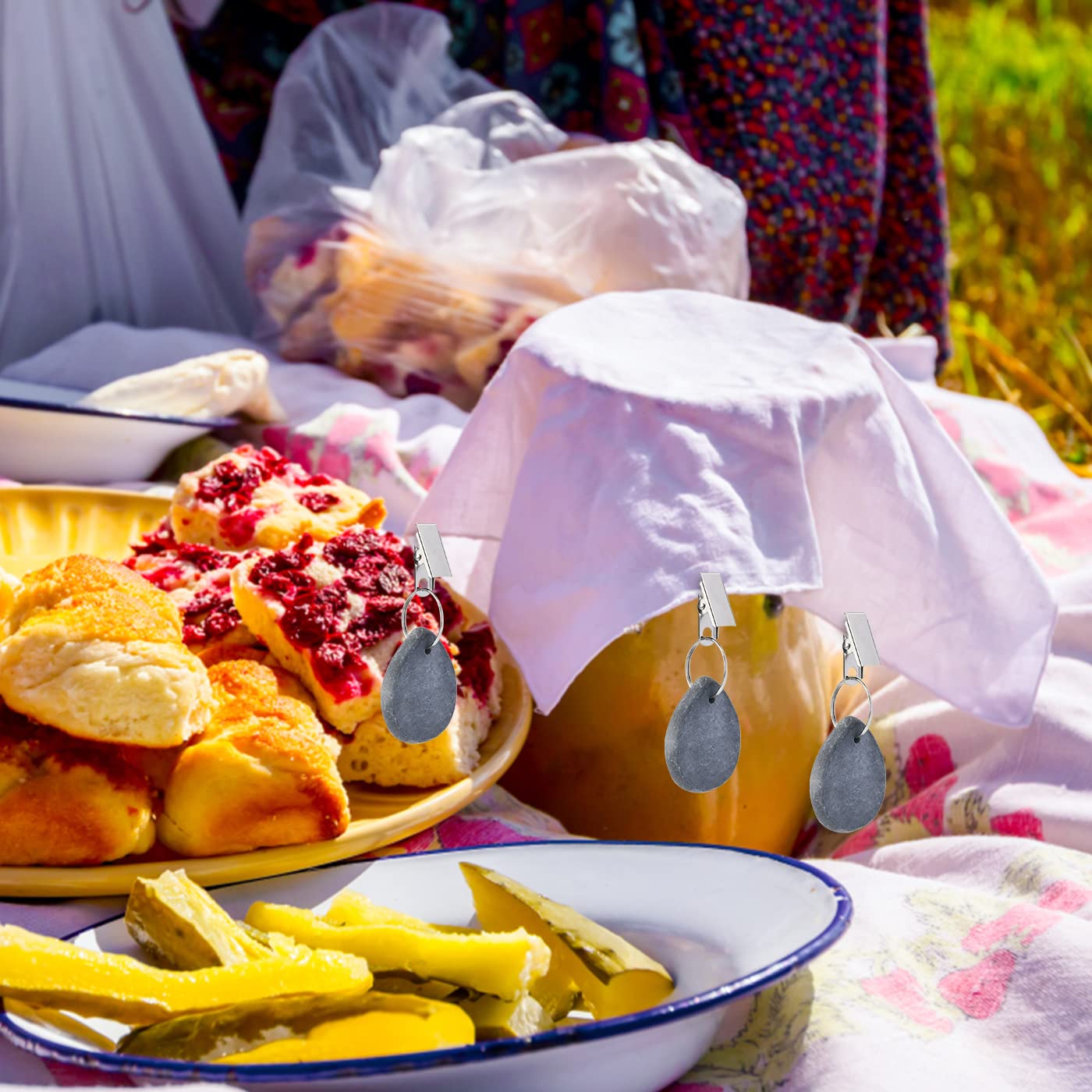 8 sztuk obciążników do obrusu z kamienia naturalnego, do użytku na zewnątrz, ze stalową klamrą, obciążniki do obrusu z klipsami dla rodziny, na imprezę, kemping, wesele, do ogrodu