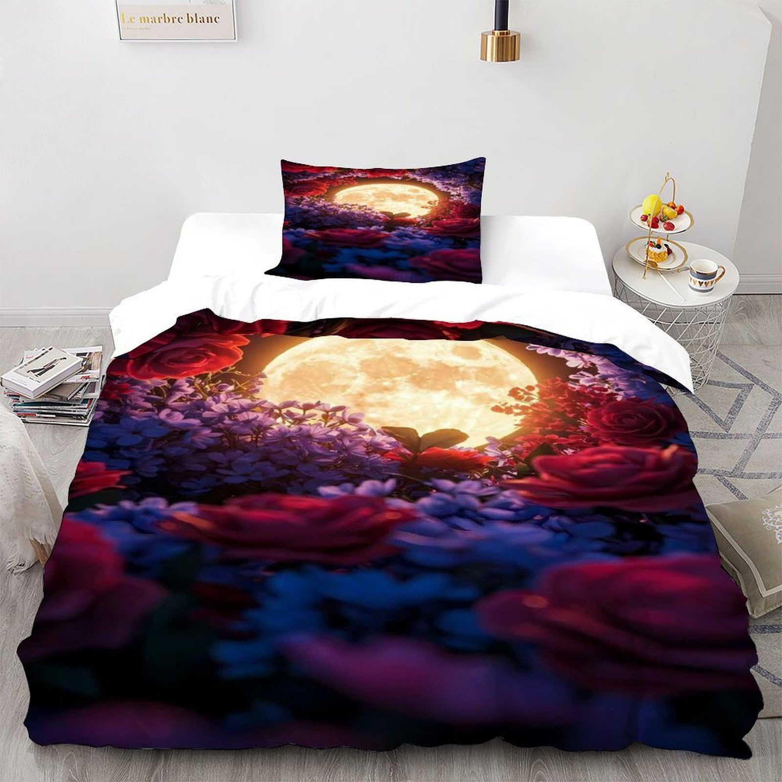 Parure de lit adulte avec fermeture éclair pratique motif floral rose