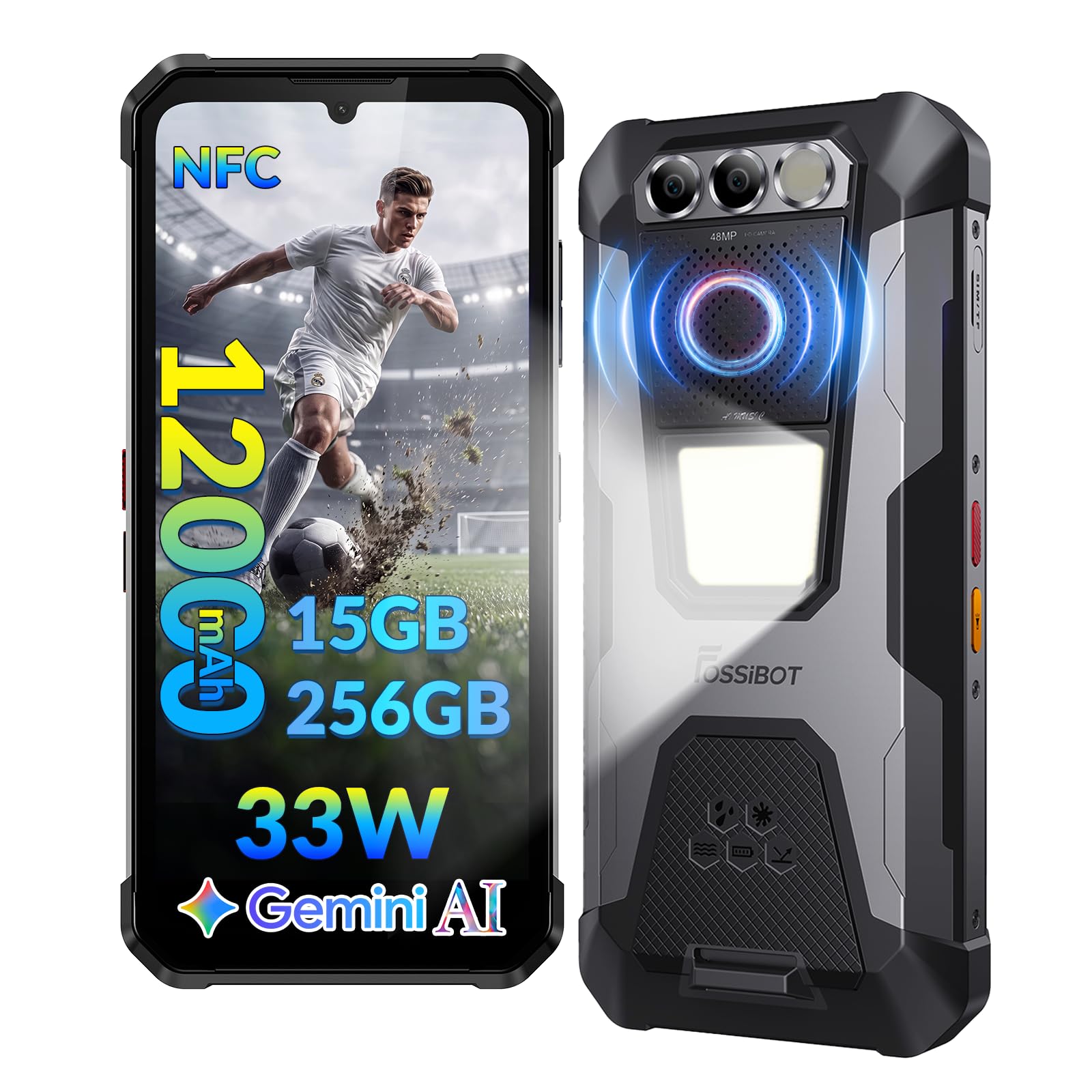 FOSSiBOT F106 Pro Outdoor Handy ohne Vertrag, Android 14 Robust Smartphone, 15GB+256GB, 12000mAh/30W, 6.58'' FHD+, 48MP+20MP, Wasserdicht IP68/IP69K/5G Dual SIM/NFC/Fingerprint/OTG/GPS (Black) (Grey)